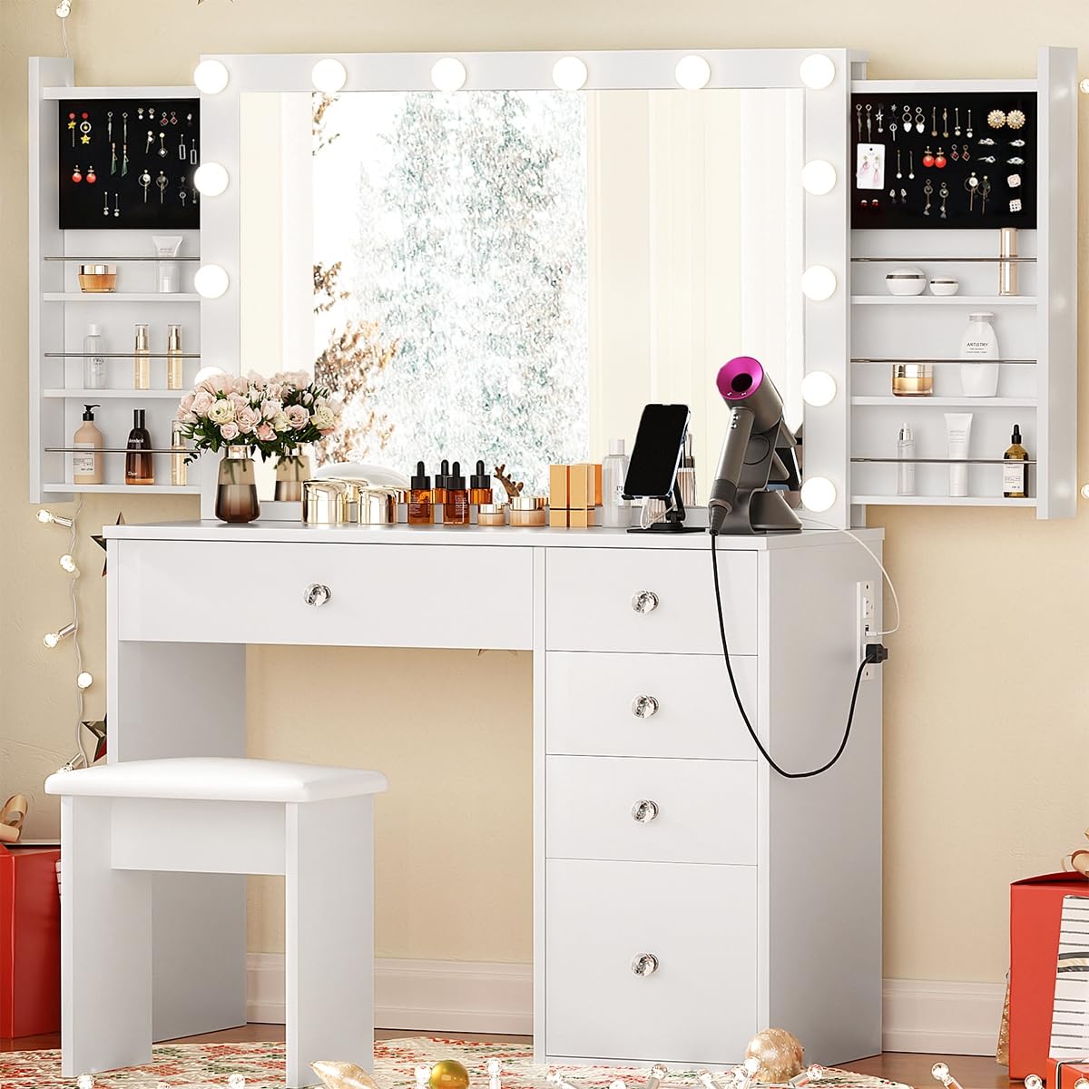 SMOOL Vanity Desk with LED Lights Mirror, Power Outlet & Stool - Adjustable Brightness Makeup Dressing Table with Sliding Drawers, Space Saving Beauty Station for Women & Girls (White) | Perfect for Bedroom, Dorm Room & Home Salon Setup
