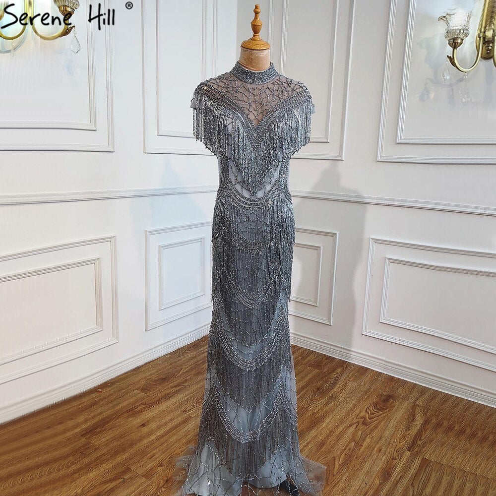 Elegant Grey Mermaid Evening Gown with Cap Sleeves & Beaded Tassel Details - Women's Luxury Party Dress for Prom, Gala & Special Occasions - Serene Hill Collection LA70529