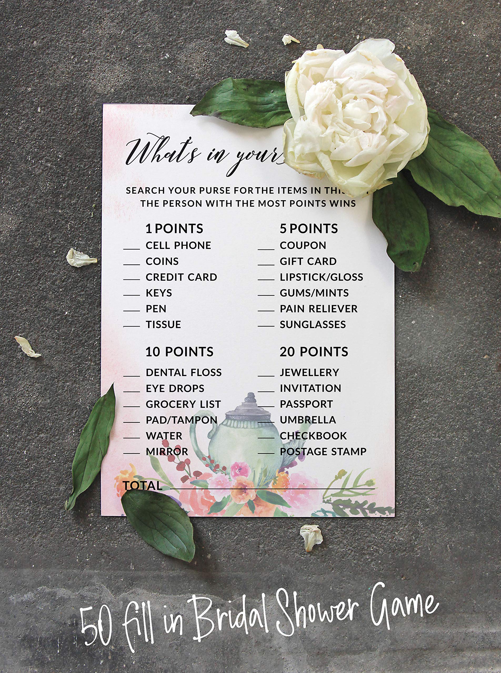 Bachelorette Party Game Cards - 50-Pack 'What's in Your Purse' Bridal Shower Activity for Wedding Showers & Tea Parties - Fun Group Games for Girls Night Out