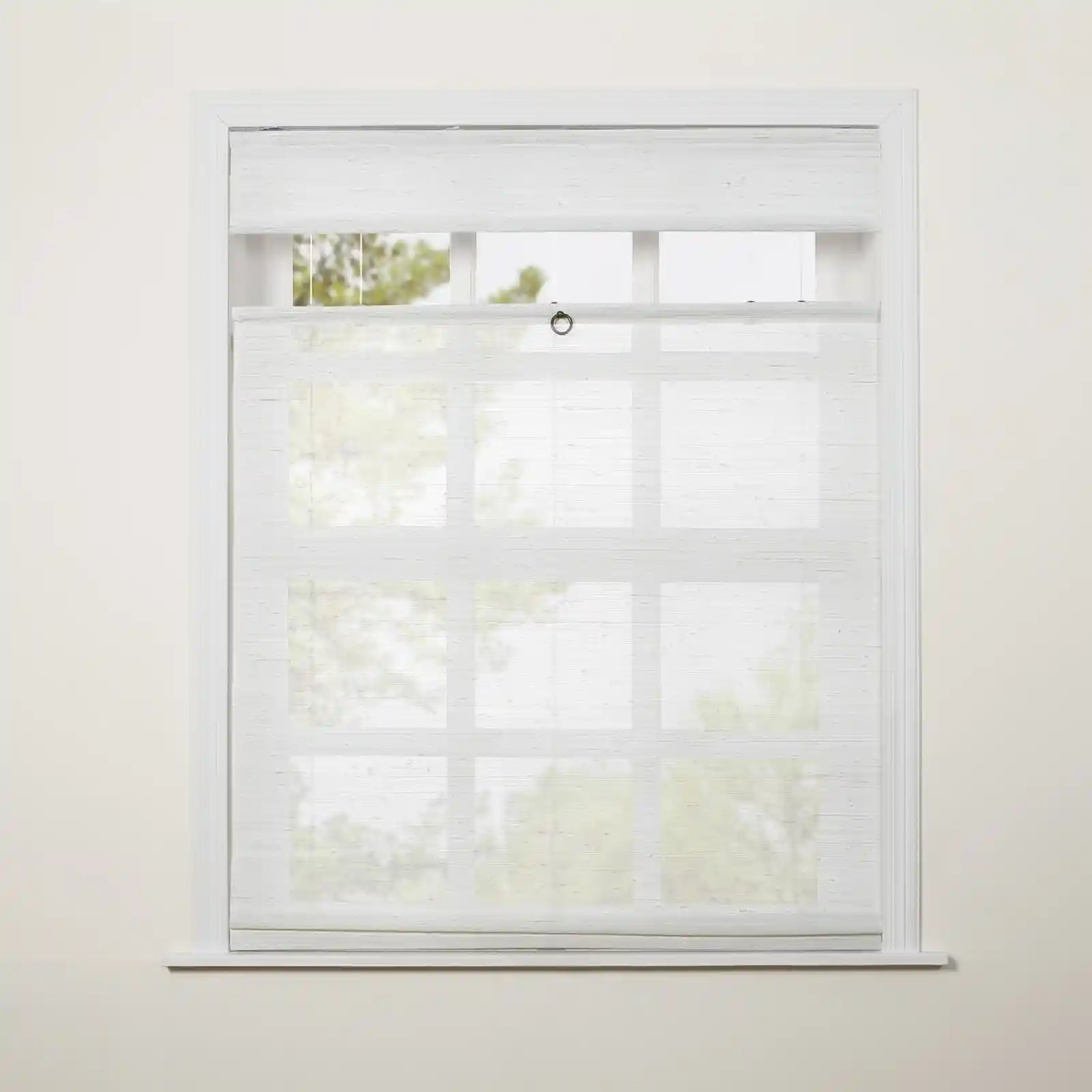 Natural Ramie Cordless Woven Wood Shade - White Rattan Top Down Bottom Up Window Treatment for Living Room & Bedroom