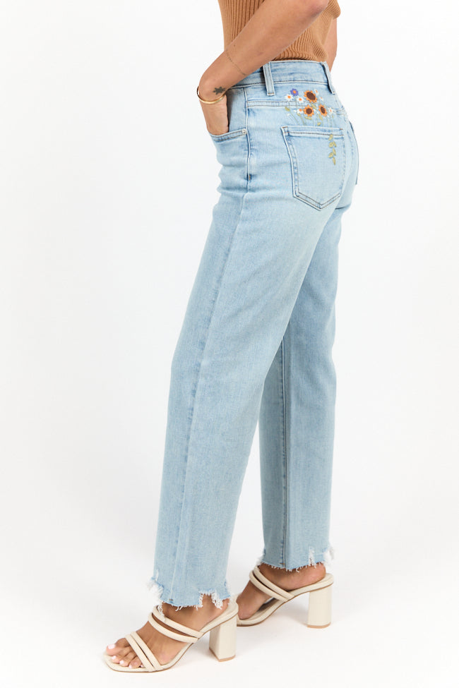 Lily Medium Wash Floral Embroidered Relaxed Crop Jeans for Women | Comfortable High Waist Distressed Denim Pants | Perfect for Casual Outings, Dates & Spring Fashion