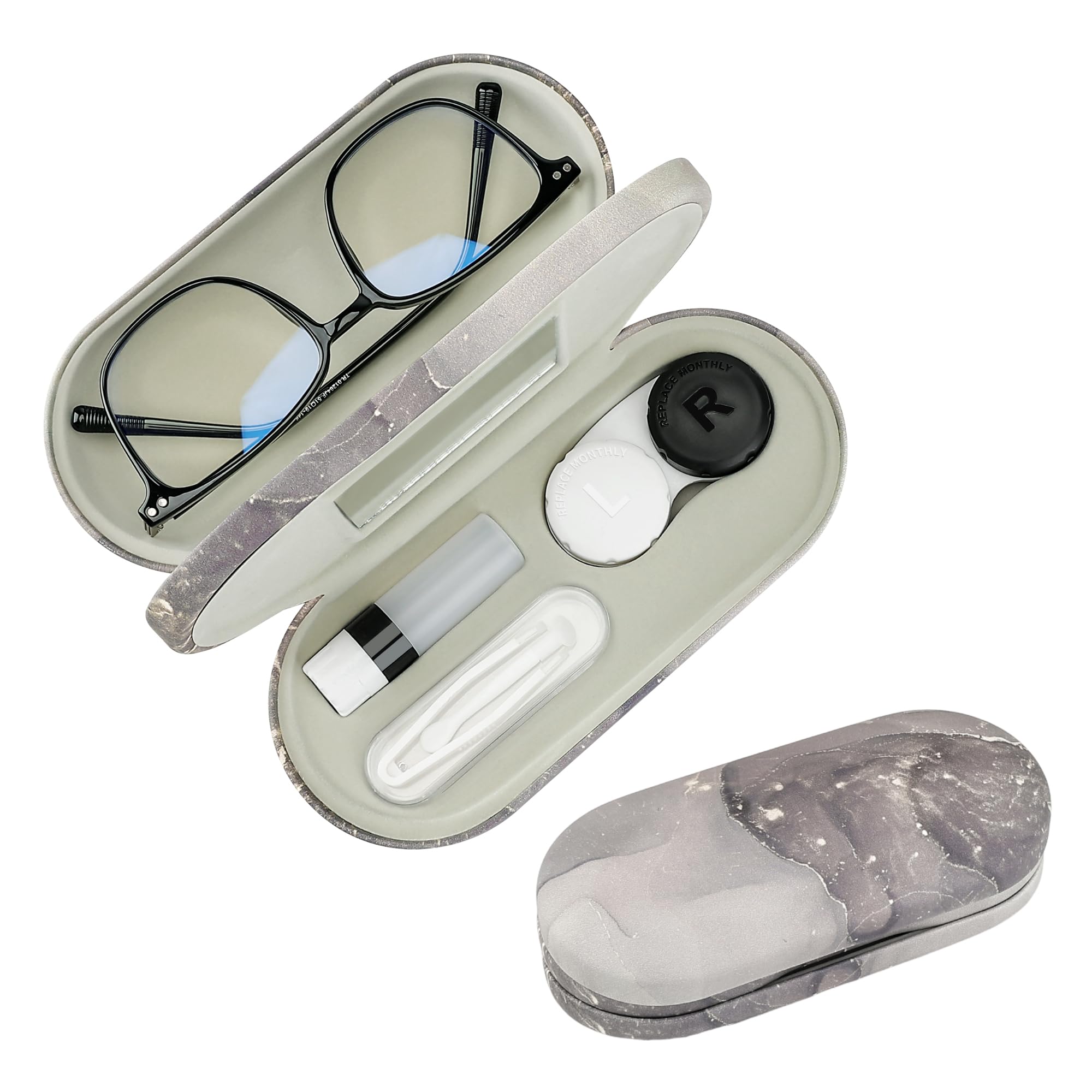 2 in 1 Contact Lens and Glasses Case with Mirror - Double Sided Travel Storage Kit Includes Tweezer & Solution Bottle - Portable Eyewear Organizer for Travel, Office, Gym (Grey & Black Marble)