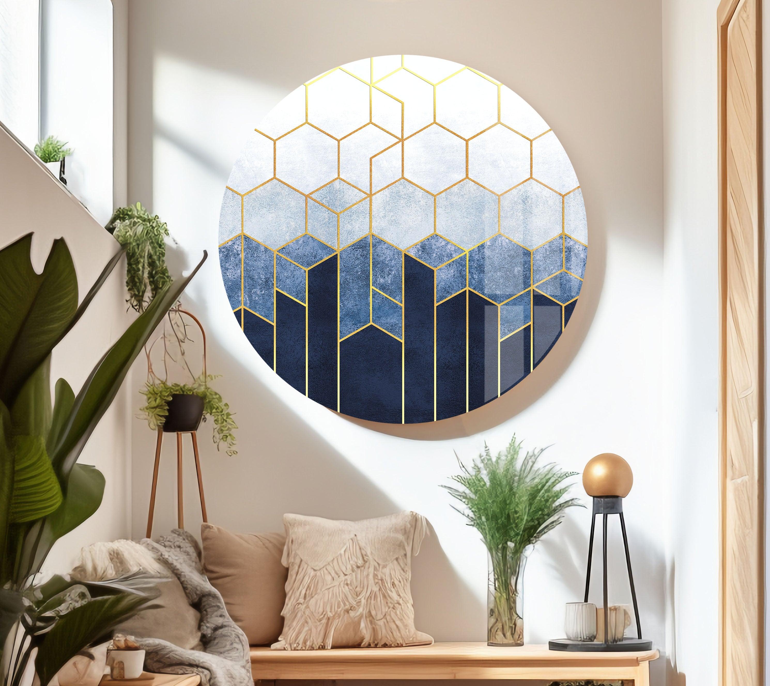 Blue Hexagons Abstract Glass Wall Art - Modern Geometric Home Decor for Living Room, Bedroom & Office