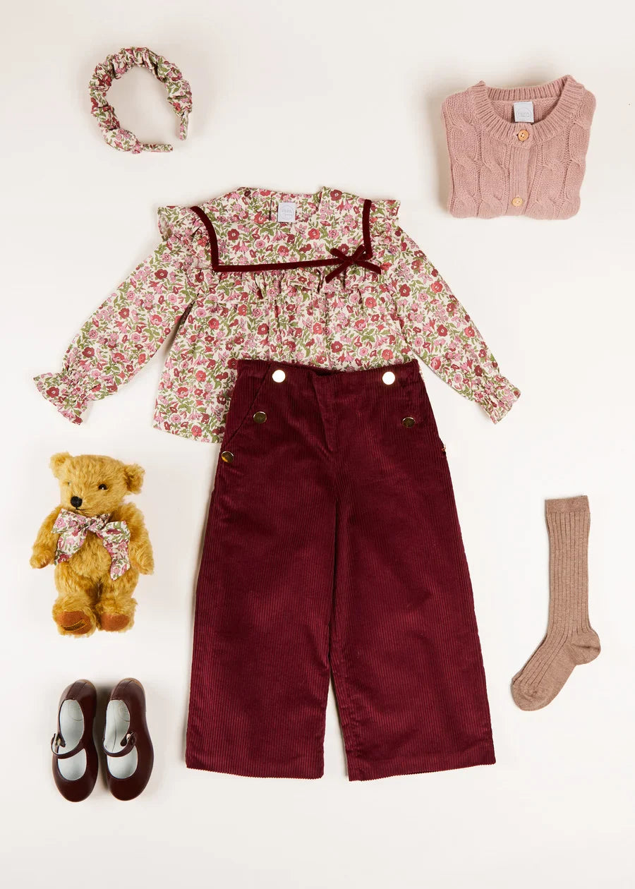 Burgundy Corduroy Wide Leg Pants with Gold Buttons for Girls (4-10 Years) - Stylish and Comfortable Fall Winter Outfit for School, Playdates & Family Photos