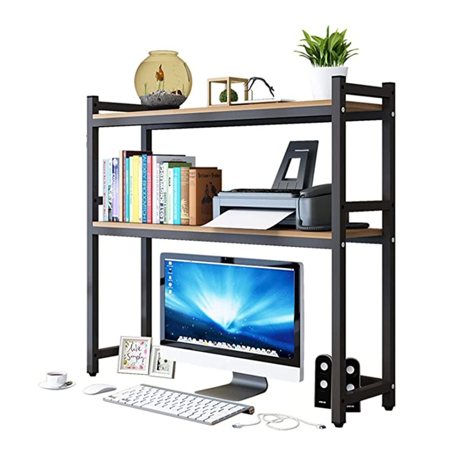 Adjustable Wood & Metal Desktop Organizer - 2 Tier Office Storage Shelf for Printer, Books & Supplies | Space-Saving Desk Hutch for Home & Office Workspaces | Black Finish | Perfect for Small Spaces & Clutter-Free Organization