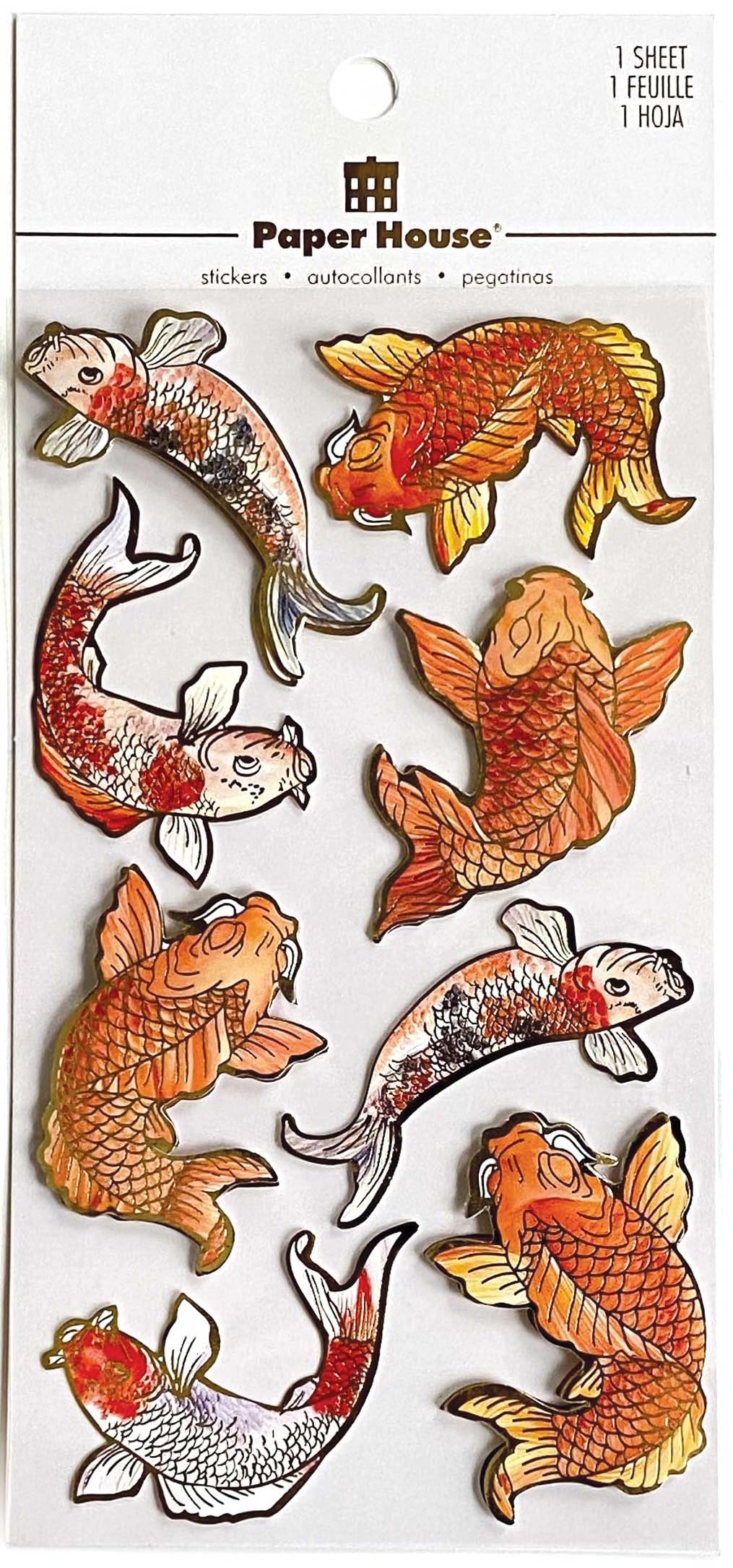 Paper House Productions Die-Cut Dimensional & Foil Accent Scrapbook Sticker Sheet - Calming Koi Fish Design for Journaling, Scrapbooking & DIY Crafts