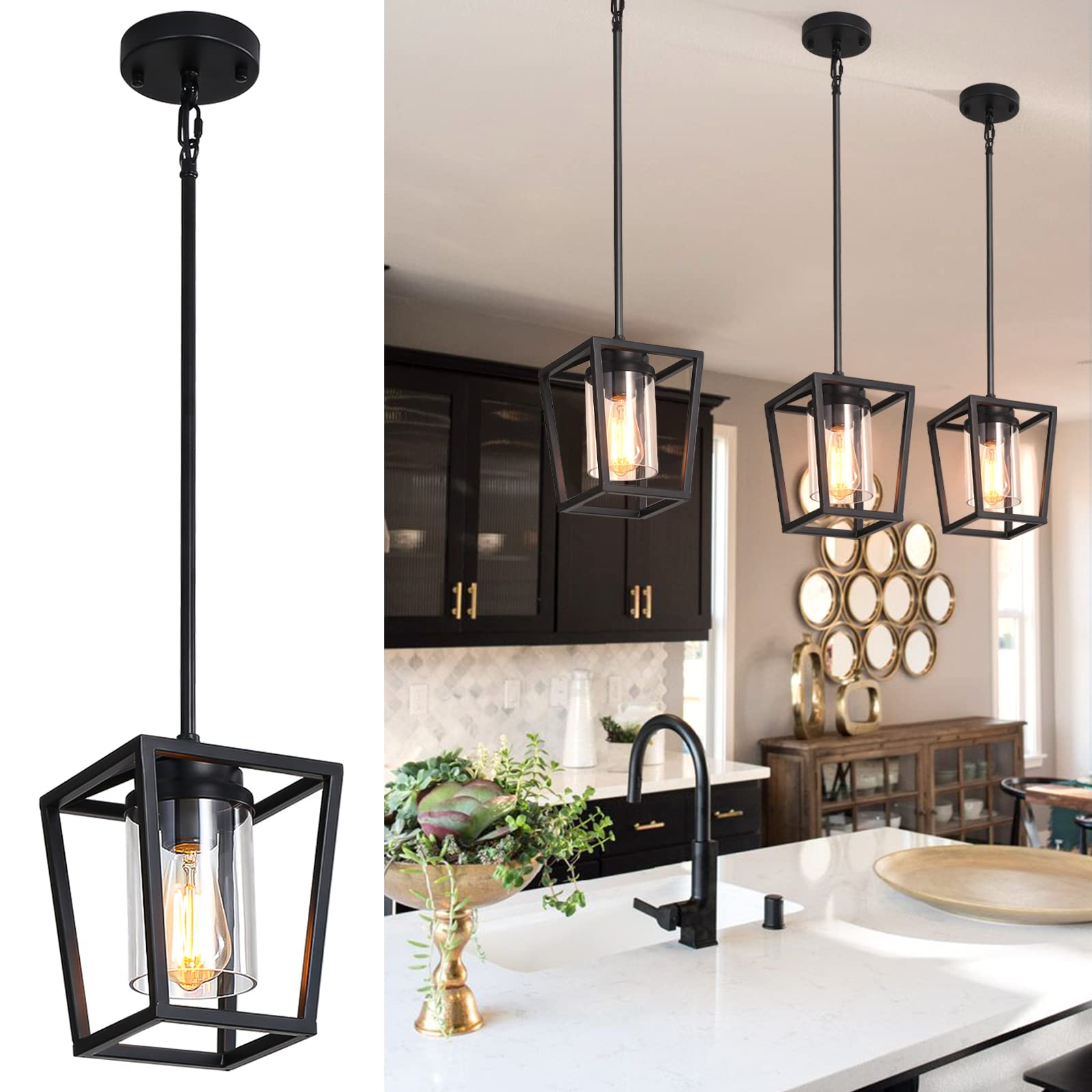 1 Pack Black Pendant Lighting for Kitchen Island - Cage Hanging Light Fixture with Durable Glass Shade for Dining Room & Kitchen - Modern Farmhouse Style - Perfect for Kitchen Counter, Bar, Breakfast Nook & Restaurant Decor