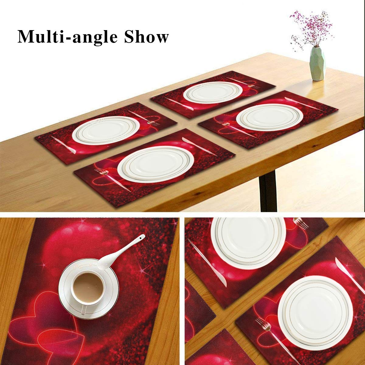 Bolaz Red Hearts Valentines Placemats Set of 4 - Washable Table Mats for Kitchen, Dining & Home Decor (12x18 Inches) - Perfect for Valentine's Day, Mother's Day & Romantic Dinners