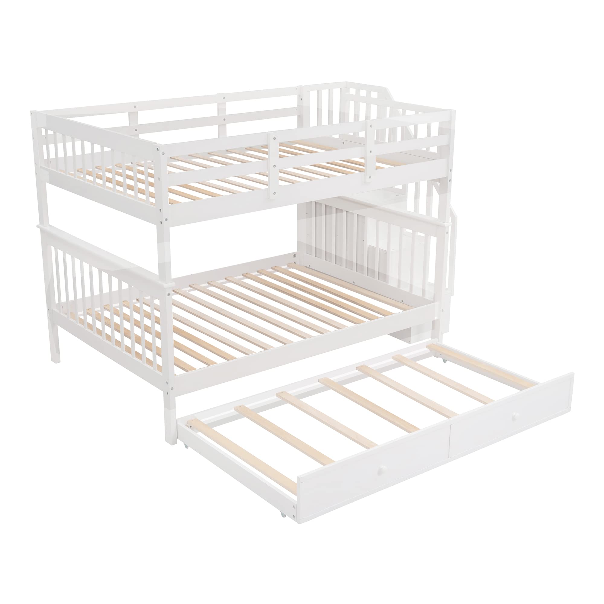 MERITLINE Full Over Full Wooden Bunk Bed Frame with Stairs & Trundle - Convertible Kids Bunk Bed in White | Space-Saving Solution for Shared Bedrooms, Guest Rooms & Small Spaces
