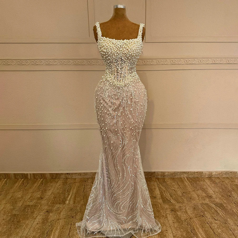 Elegant White Nude Spaghetti Strap Mermaid Evening Dress with Luxury Pearl Beading - Women's Formal Gown for Wedding, Prom & Special Occasions