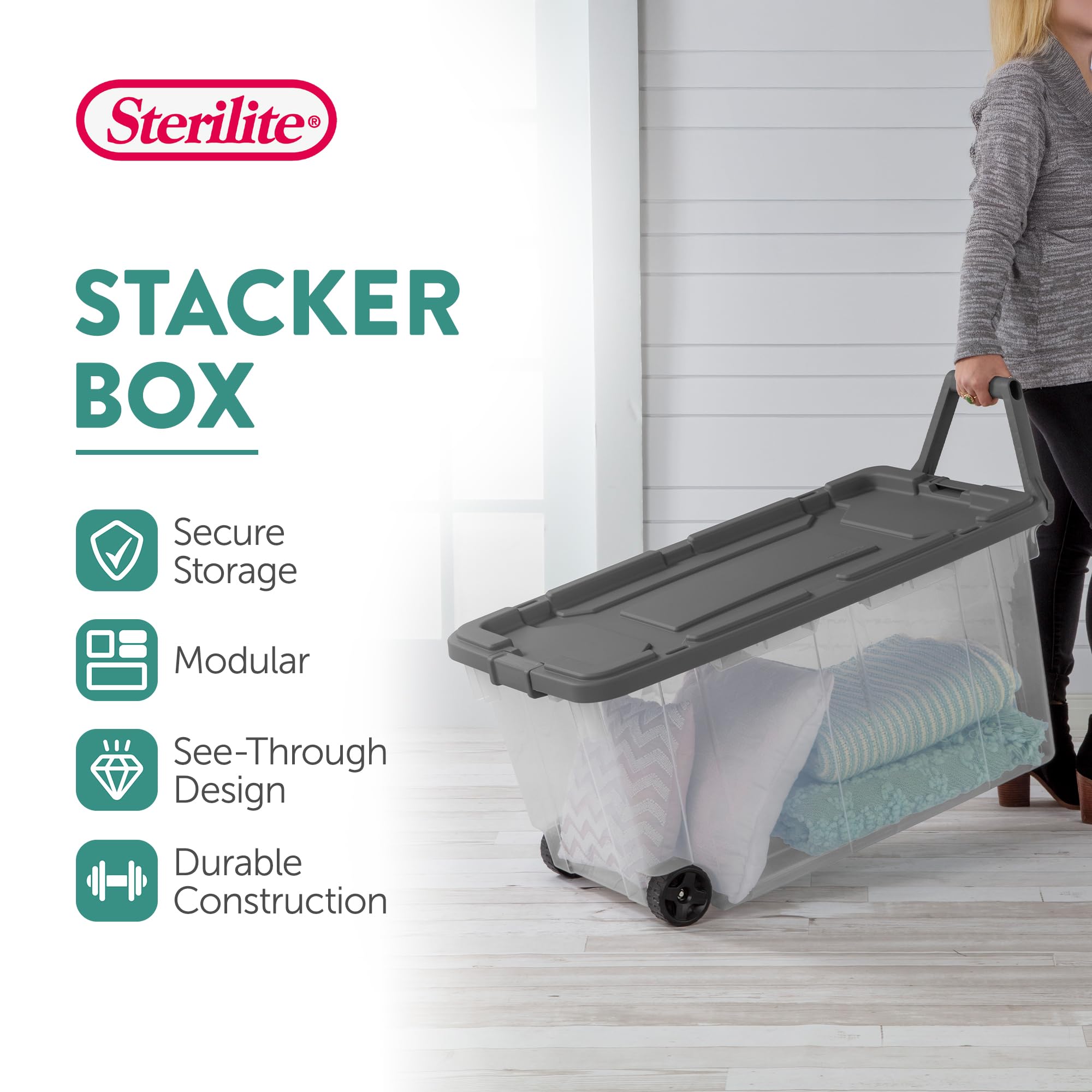 Sterilite 8-Pack 160 Qt Stackable Storage Bins with Latching Lids & Wheels, Gray - Perfect for Home Organization, Garage Storage & Moving Supplies