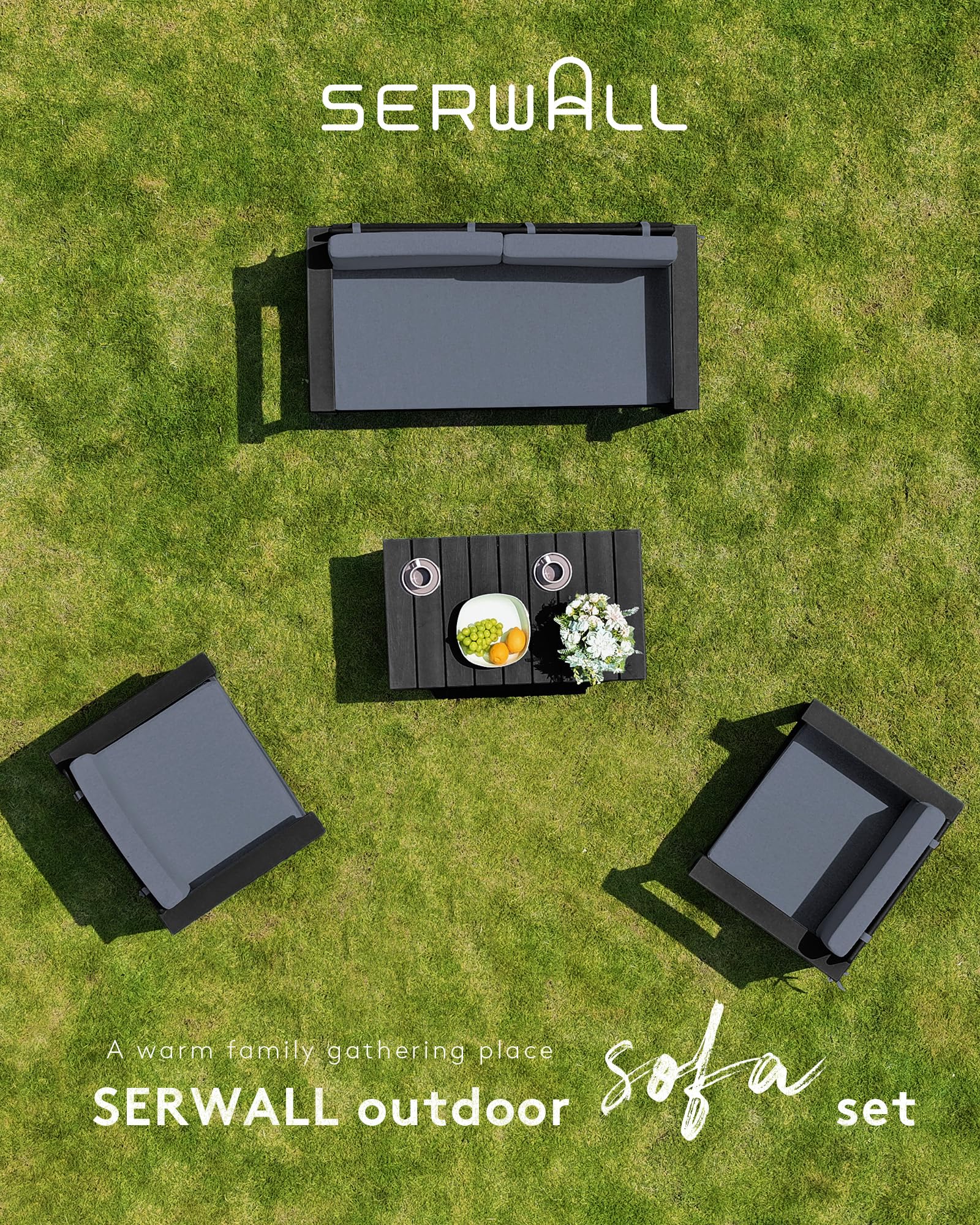 SERWALL 8-Piece Outdoor Patio Furniture Set - All-Weather HDPE Conversation Sofa with Cushions, Loveseat & Coffee Table - Black Frame & Gray Cushions - Perfect for Backyard, Garden, Poolside & Outdoor Entertaining