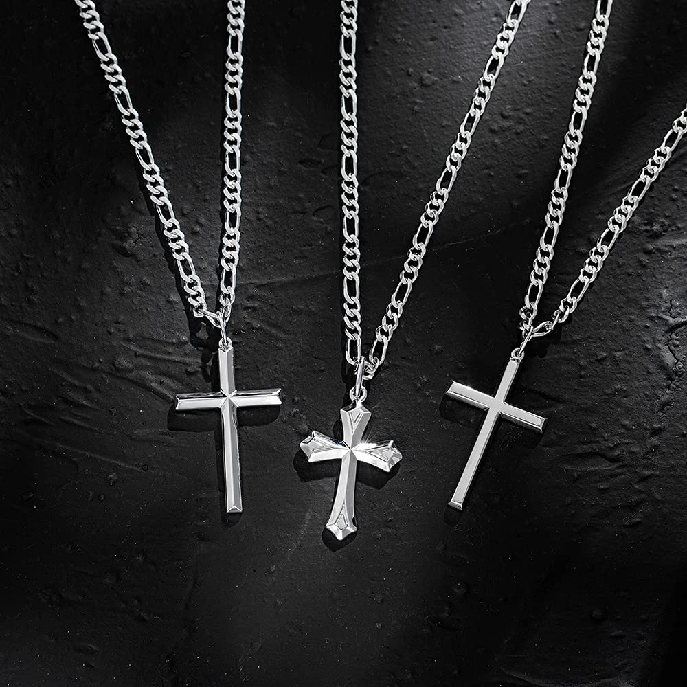 FANCIME 925 Sterling Silver Cross Pendant Necklace for Men - White Gold Plated with 4MM Figaro Chain, 24 Inch - Religious Jewelry Gift for Him, Perfect for Baptism, Confirmation & Daily Wear