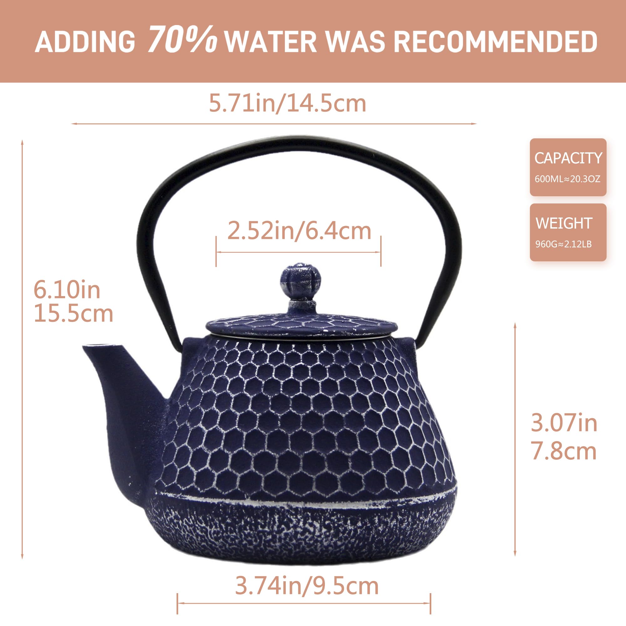 20.3oz Enameled Cast Iron Teapot with Stainless Steel Infuser - Stovetop Safe Japanese Tetsubin Tea Kettle for Loose Leaf Tea, Blue Honeycomb Pattern - Perfect for Home, Office & Tea Ceremonies