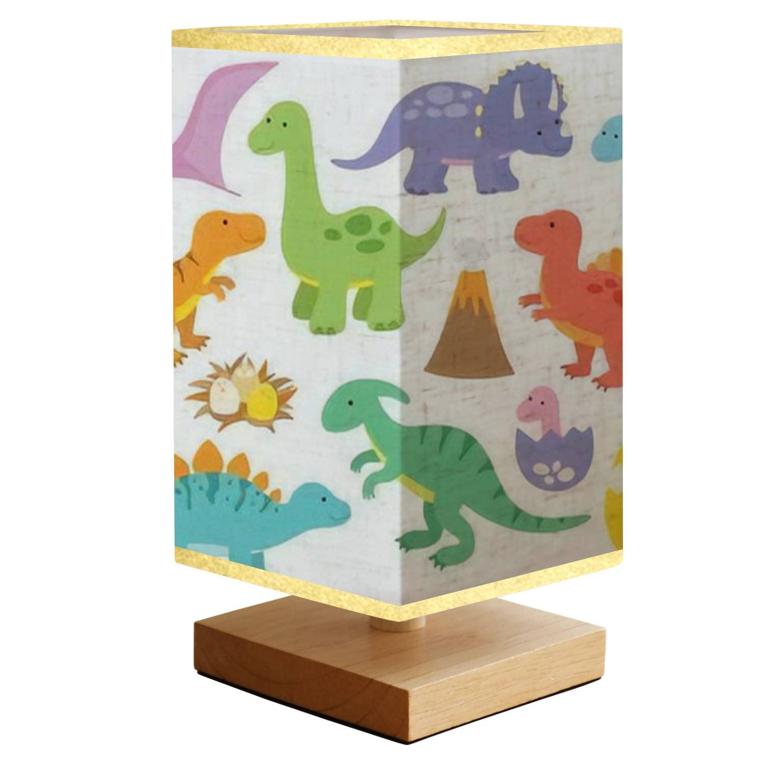 Dinosaur LED Night Light - Stegosaurus & Brontosaurus Wooden Table Lamp with Fabric Shade for Bedroom, Kids Room, College Dorm | Bedside Reading Light, Nursery Decor, Gift for Boys & Girls