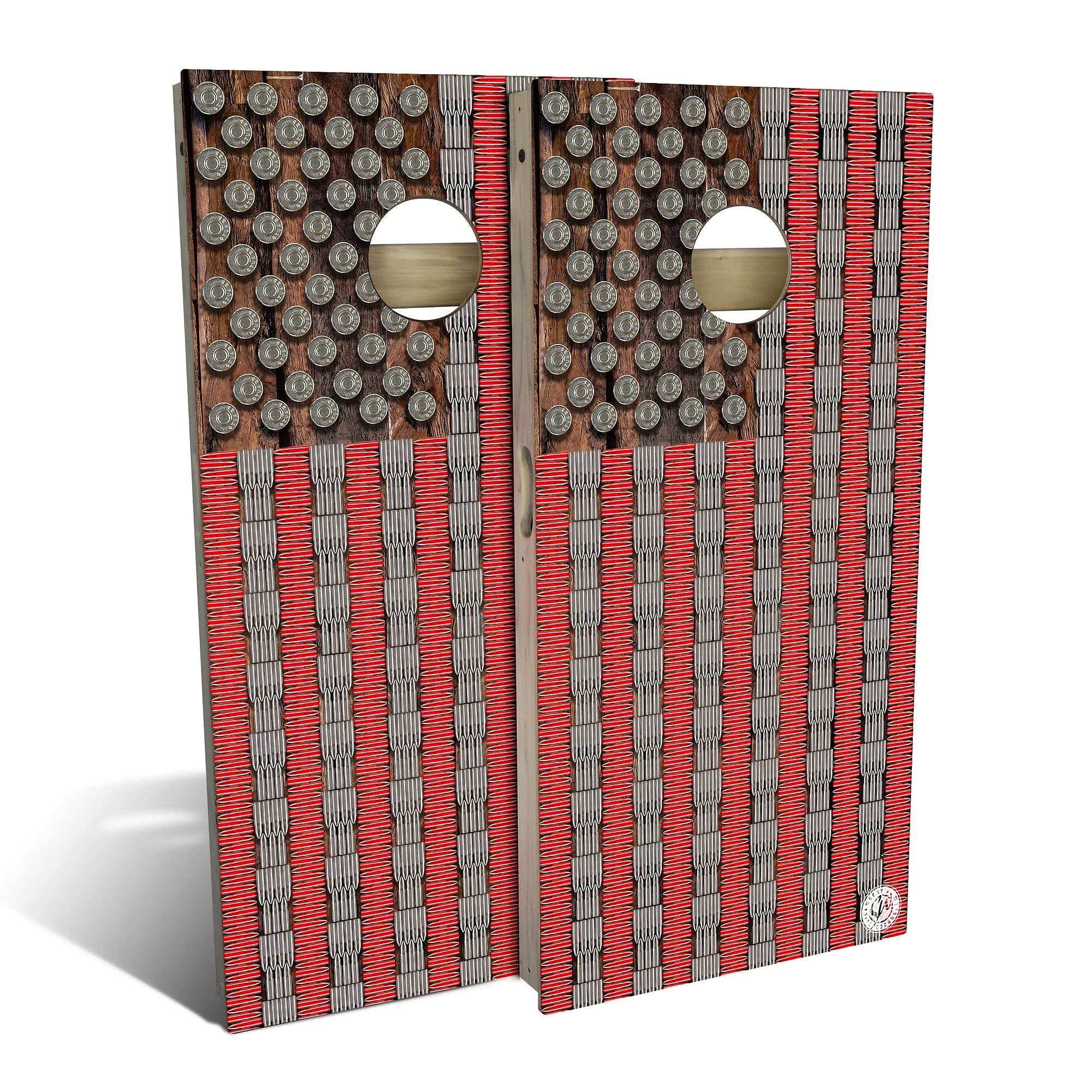 American Flag Cornhole Game Set with Bullet Design - 2 Boards & 8 Bean Bags - Customizable Size & Accessories - Perfect for Backyard BBQs, Tailgating & Patriotic Parties