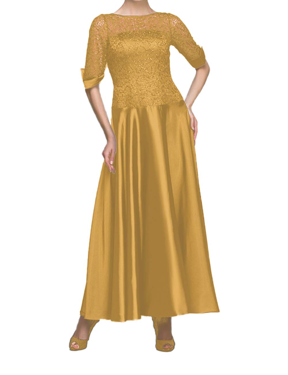 Elegant Tea-Length Mother of the Bride Dress - Long Sleeve Satin Formal Evening Gown for Women | Perfect for Weddings, Receptions & Special Occasions