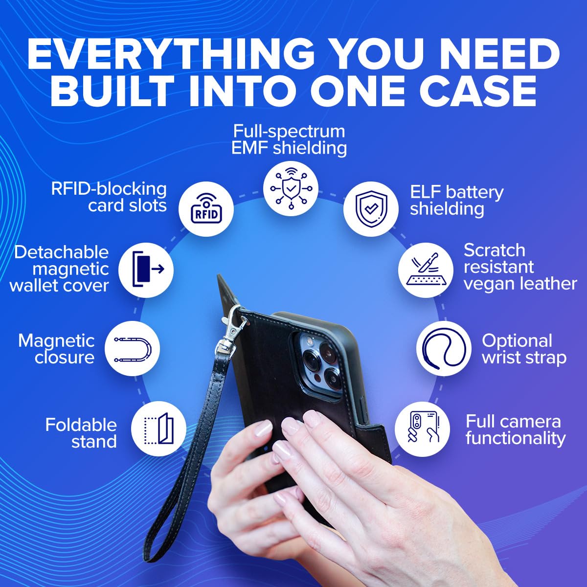 DefenderShield EMF Radiation Protection Case for iPhone 13 Pro Max & 5th Gen - Magnetic Detachable Wallet Case with Wrist Strap | Blocks Harmful EMF/RF Waves | Perfect for Travel, Work & Daily Use (Black)