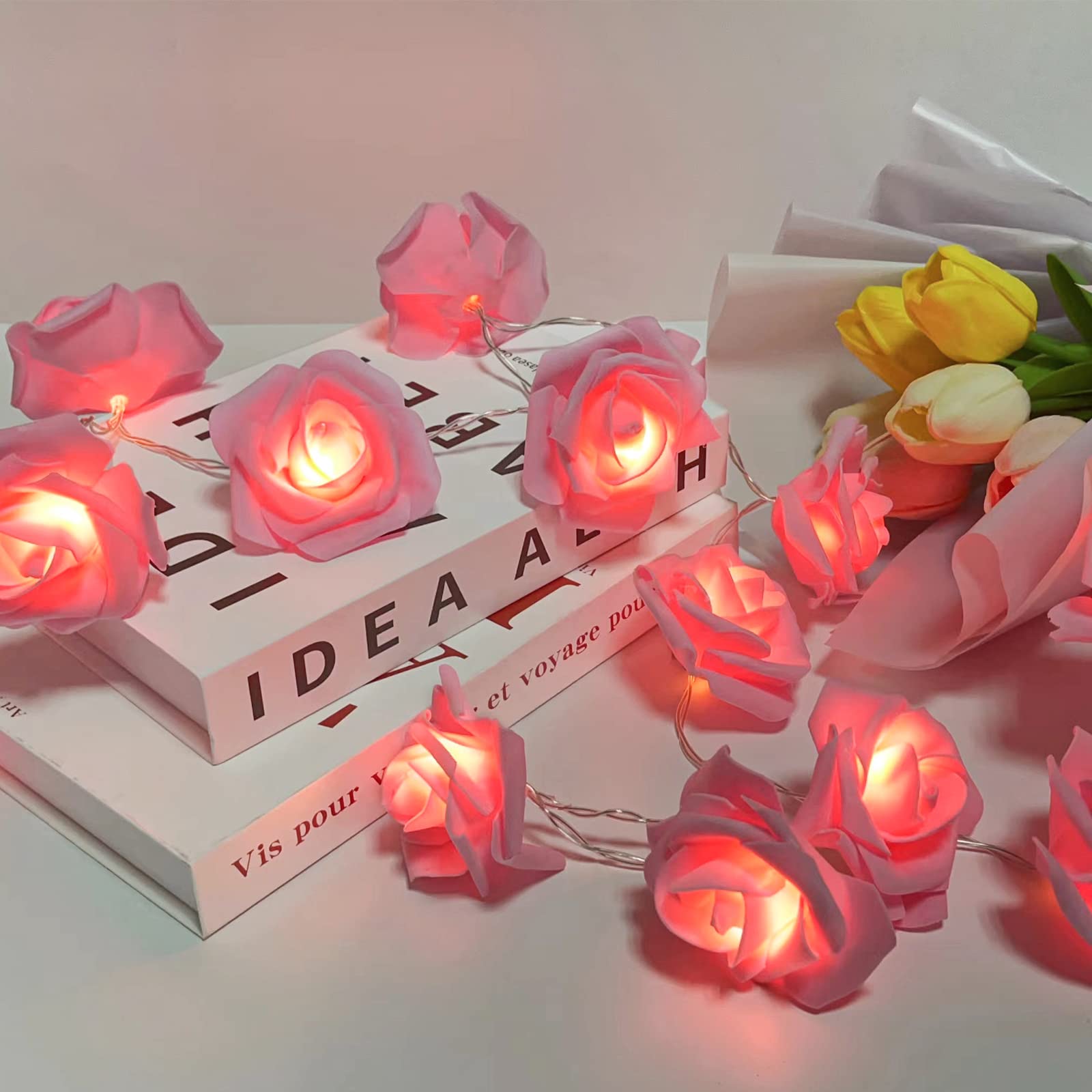 VIPMOON Pink Rose String Lights - 20 LED Fairy Lights for Bedroom, Battery Operated Romantic Flower Lights - Perfect for Mother's Birthday, Party, Proposal & Home Decoration (2M/6.65ft) | Create Cozy Ambiance for Weddings, Dinners & Nursery Decor