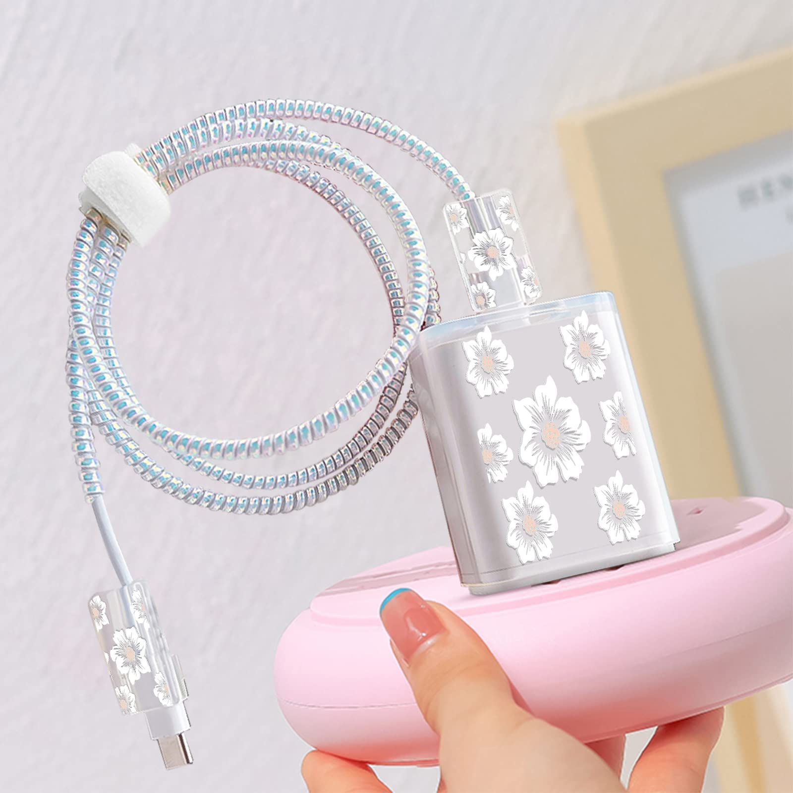Elegant White Camellia Flower Cable Protector for iPhone Charger - DIY Cord Organizer for iPhone X/11/12/13/Pro Max - USB Charger & Earphone Wire Saver (Perfect for Home, Office & Travel Use)