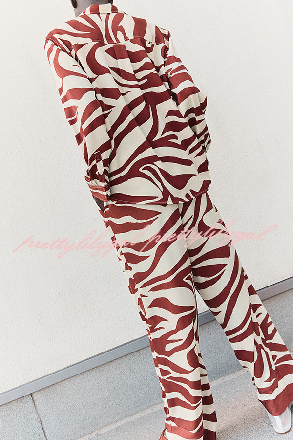 Stylish Printed Lapel Long Sleeve Blouse with Elastic Waist Casual Pants Set - Women's Loose Fit Wide Leg Trousers & Pocket Details for Office, Travel and Everyday Wear