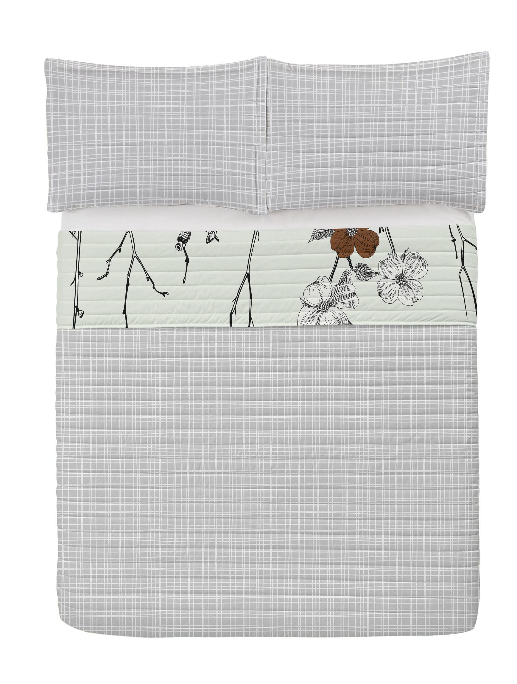 Ambesonne Reversible Dogwood Flower Bedspread Set - Twin Size Chocolate Microfiber Comforter with Pillow Shams | Retro Spring Cherry Blossom Botanical Design | Perfect for Guest Rooms, Dorm Decor & Cozy Bedroom Makeover