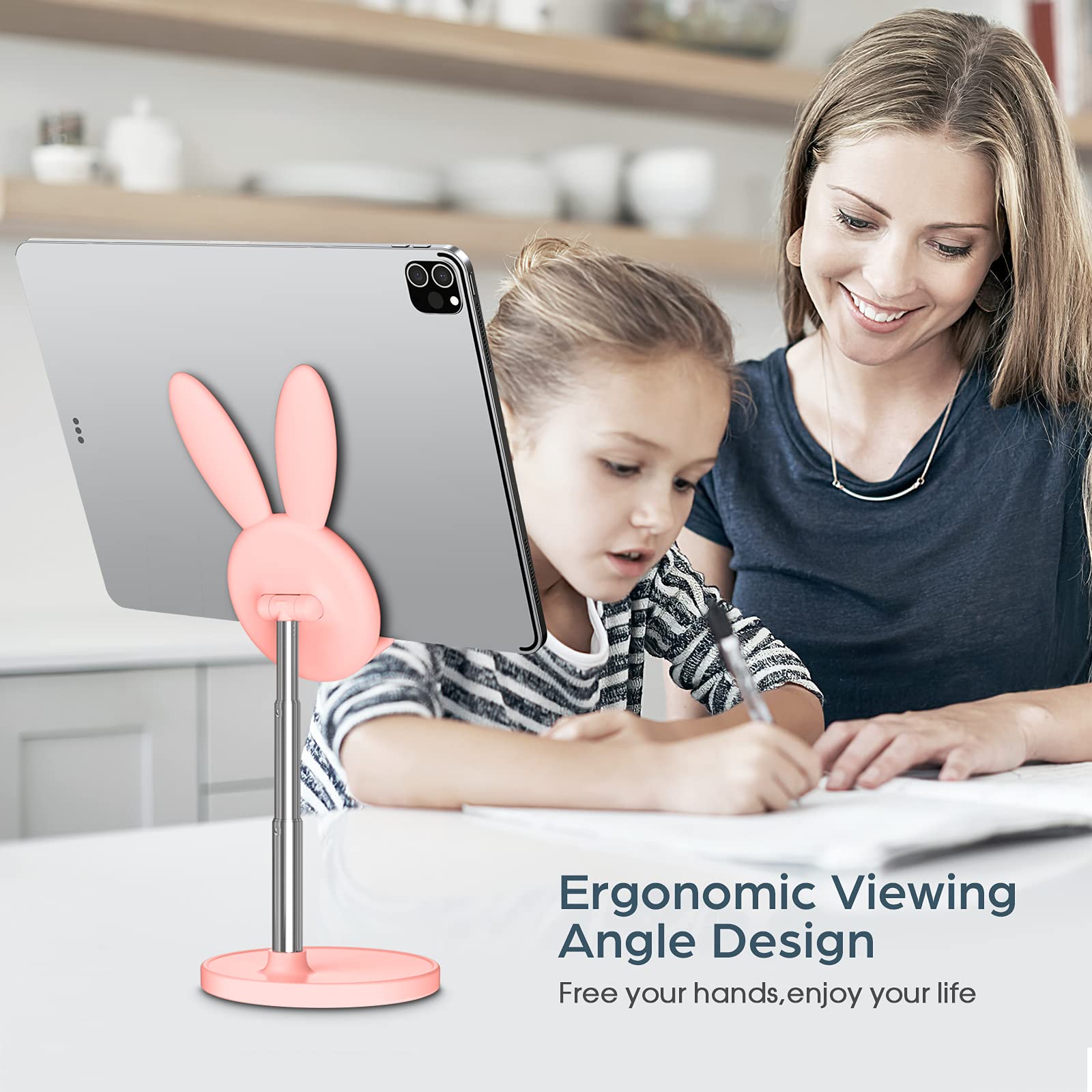 OATSBASF Adjustable Bunny Phone Stand - Cute Desk Holder for iPhone, iPad, Kindle, Nintendo Switch & All Smartphones - Thick Case Friendly - Perfect for Work, Study & Gaming (Pink)