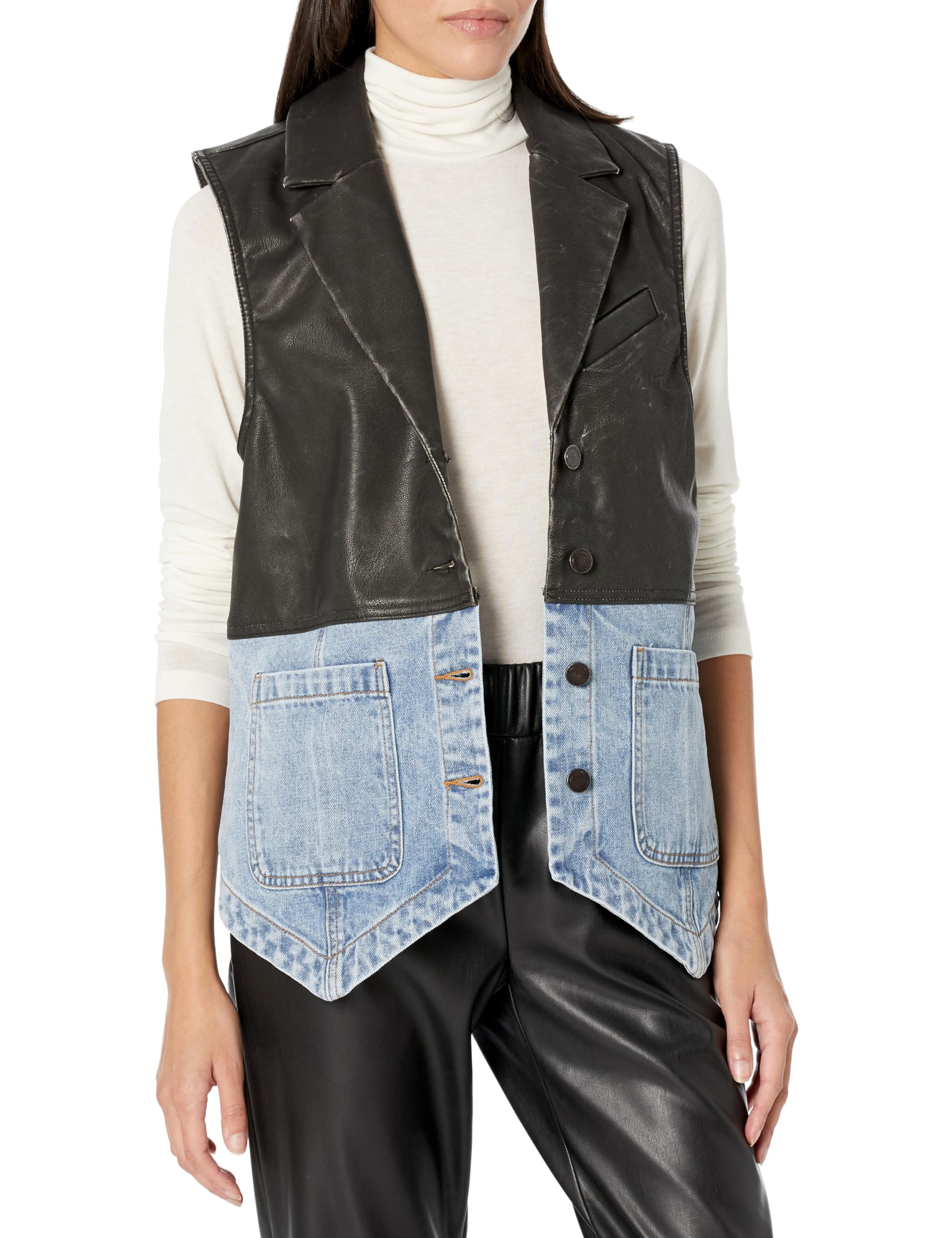 BLANKNYC Women's Vegan Leather & Denim Oversized Vest Jacket - Stylish Layering Piece for Fall & Winter Fashion Outfits