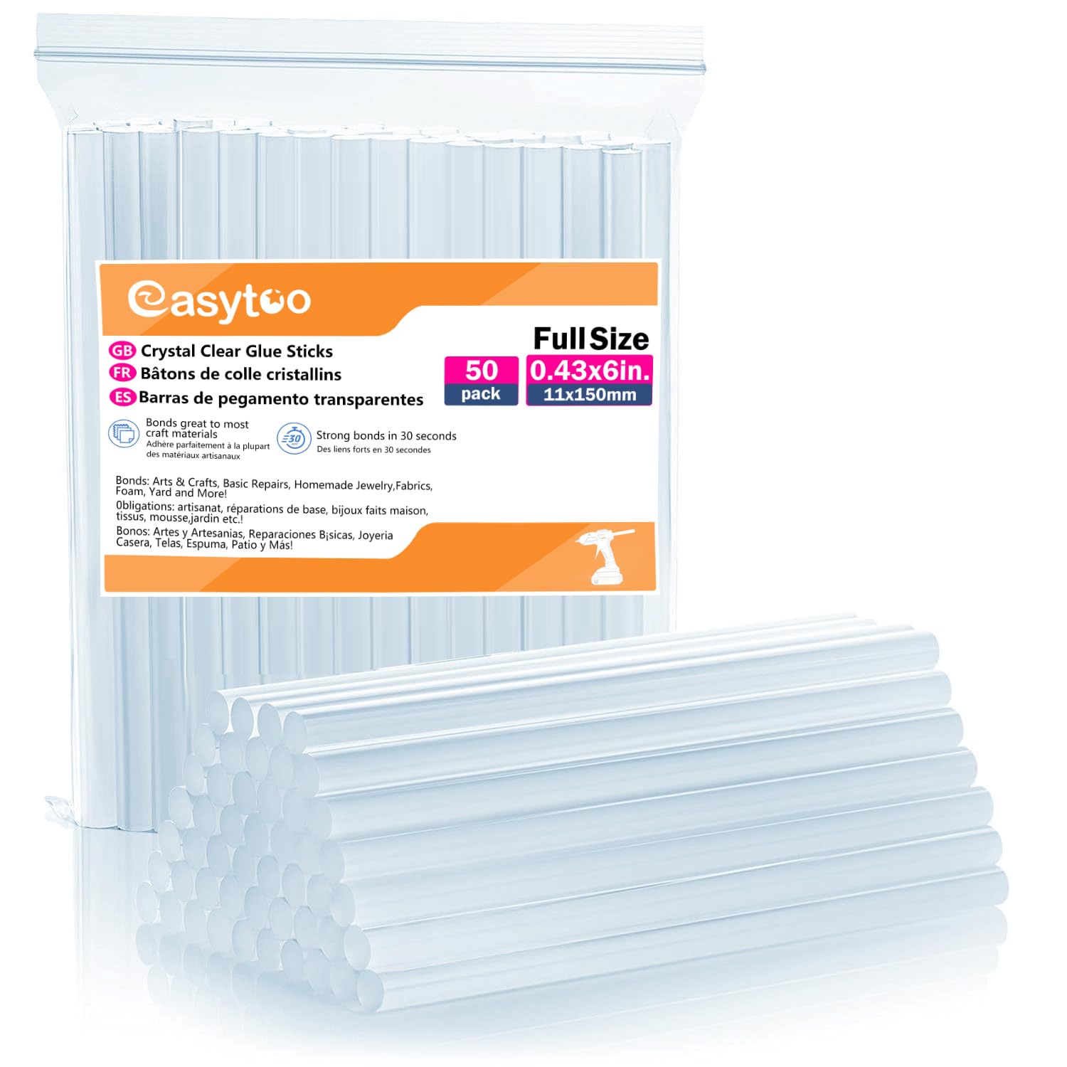 **50-Pack Clear Full Size Hot Glue Sticks 0.43