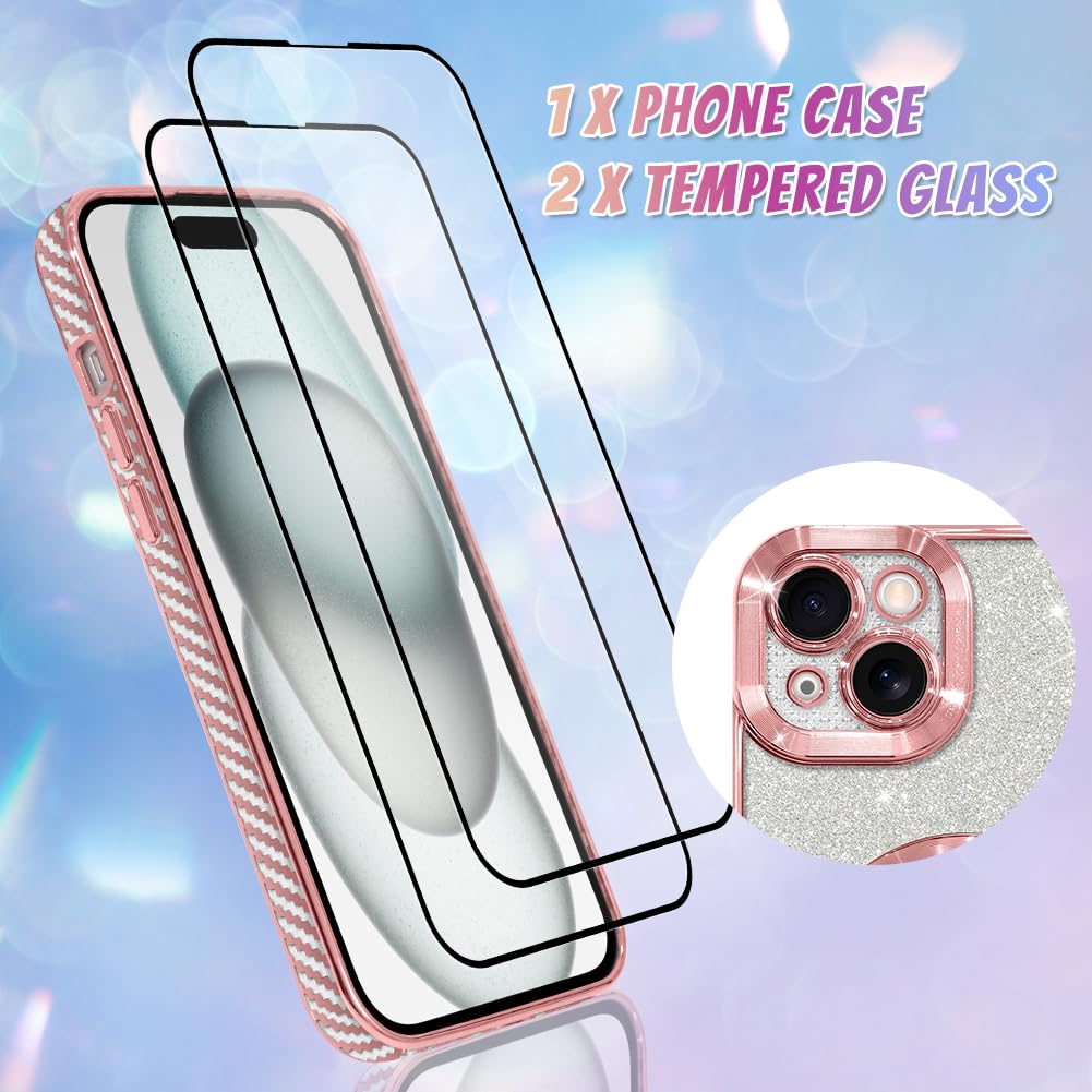 **Bonoma Magnetic Case for iPhone 15 Plus 6.7 Inch - Magsafe Compatible, Glitter Heart Design, TPU Back Cover with 2x Screen Protectors - Pink | Perfect for Everyday Use & Camera Protection**