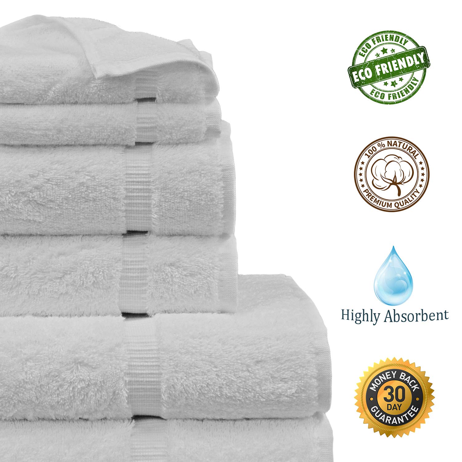 Premium 100% Turkish Cotton Bath Towel Set - 6 Piece (White) - Ultra Soft & Absorbent for Spa, Beach & Luxury Bathroom