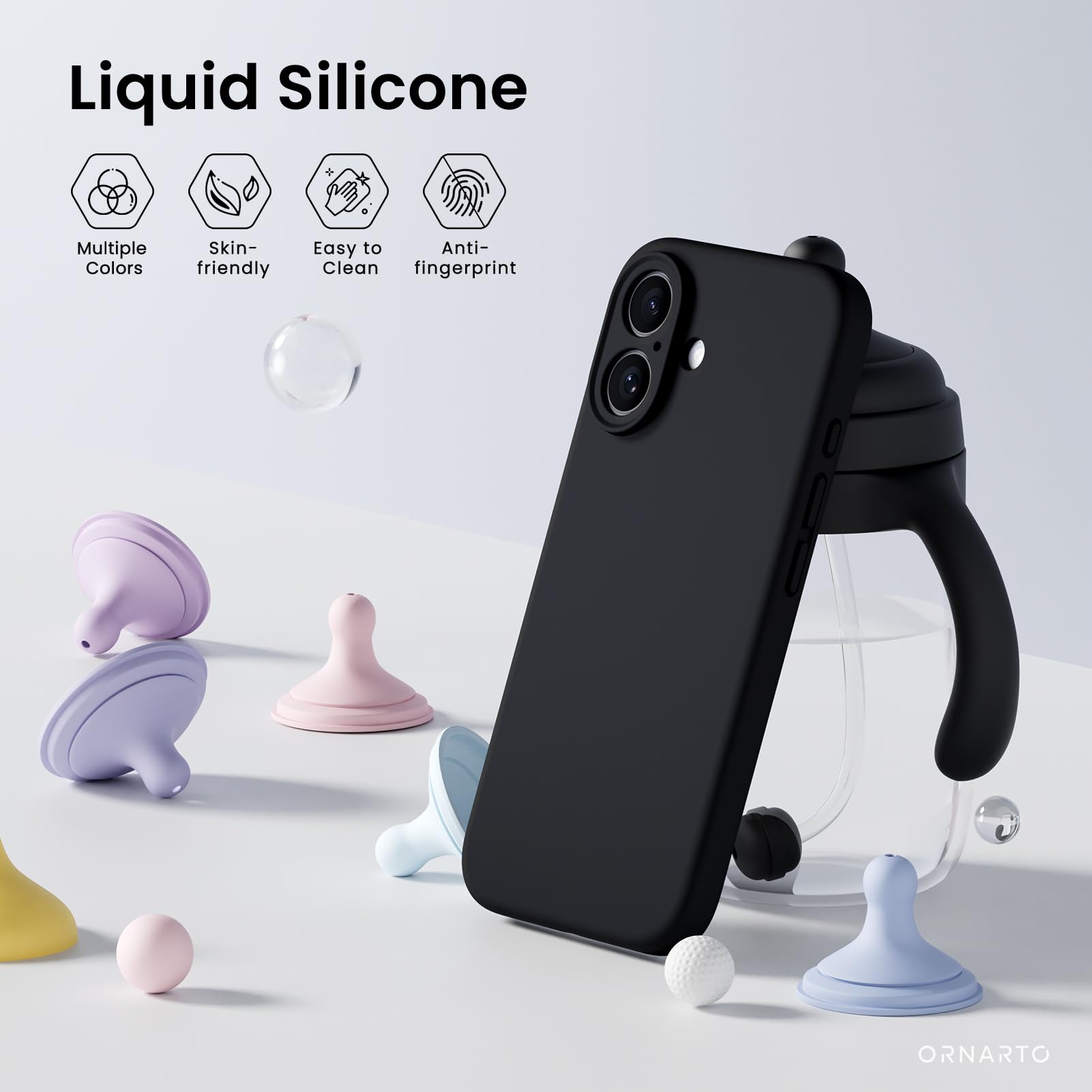 ORNARTO Shockproof Liquid Silicone iPhone 16 Case with 2 Screen Protectors - Durable Drop Protection Gel Rubber Phone Cover for iPhone 16 (Black) - Perfect for Outdoor Activities, Travel & Daily Use