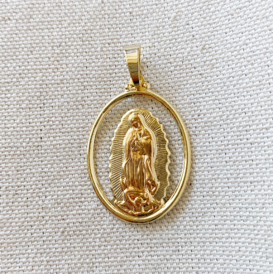 18k Gold Filled Hollow Oval Lady of Guadalupe Pendant with Rose Gold Accent - Religious Jewelry for Women, Perfect for Gifts, Baptisms & Everyday Wear