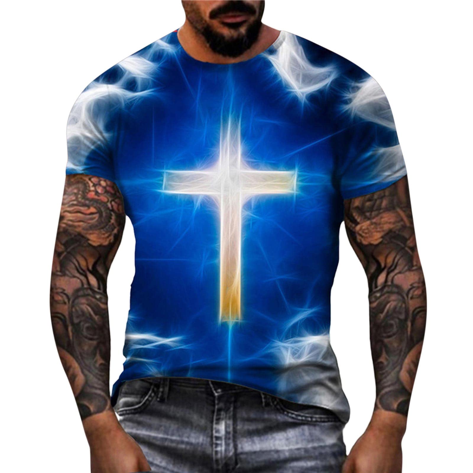 ZDFER Men's Short Sleeve T-Shirt - Christian Faith Jesus Cross Print Athletic Crewneck Tee for Workout, Streetwear & Spring Fashion | Gym, Church & Casual Wear