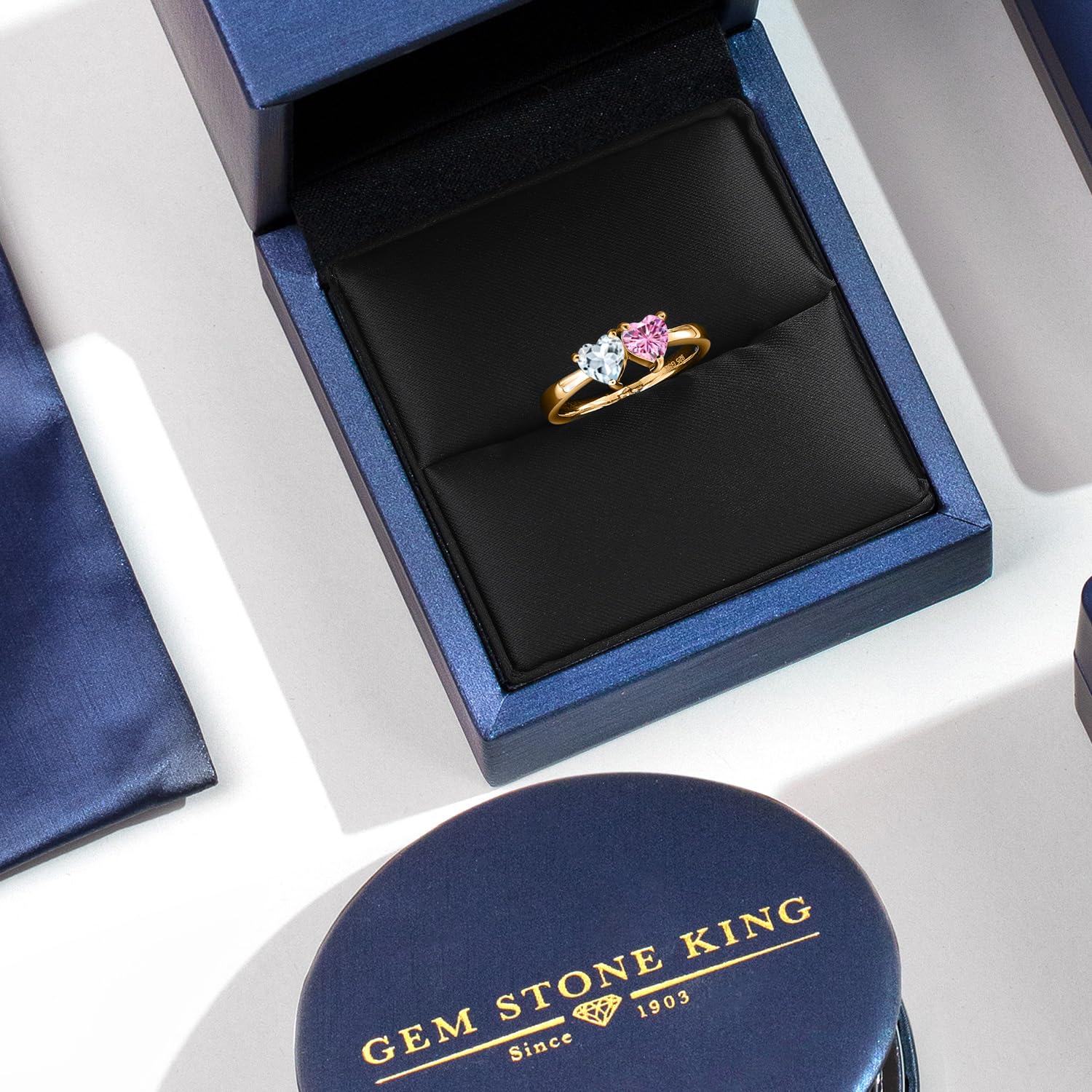 Gem Stone King 18K Yellow Gold Plated Silver Heart Shaped Ring with Sky Blue Aquamarine & Pink Moissanite (0.92 CTTW) - Perfect for Valentine's Day Gifts, Anniversary Presents & Romantic Occasions