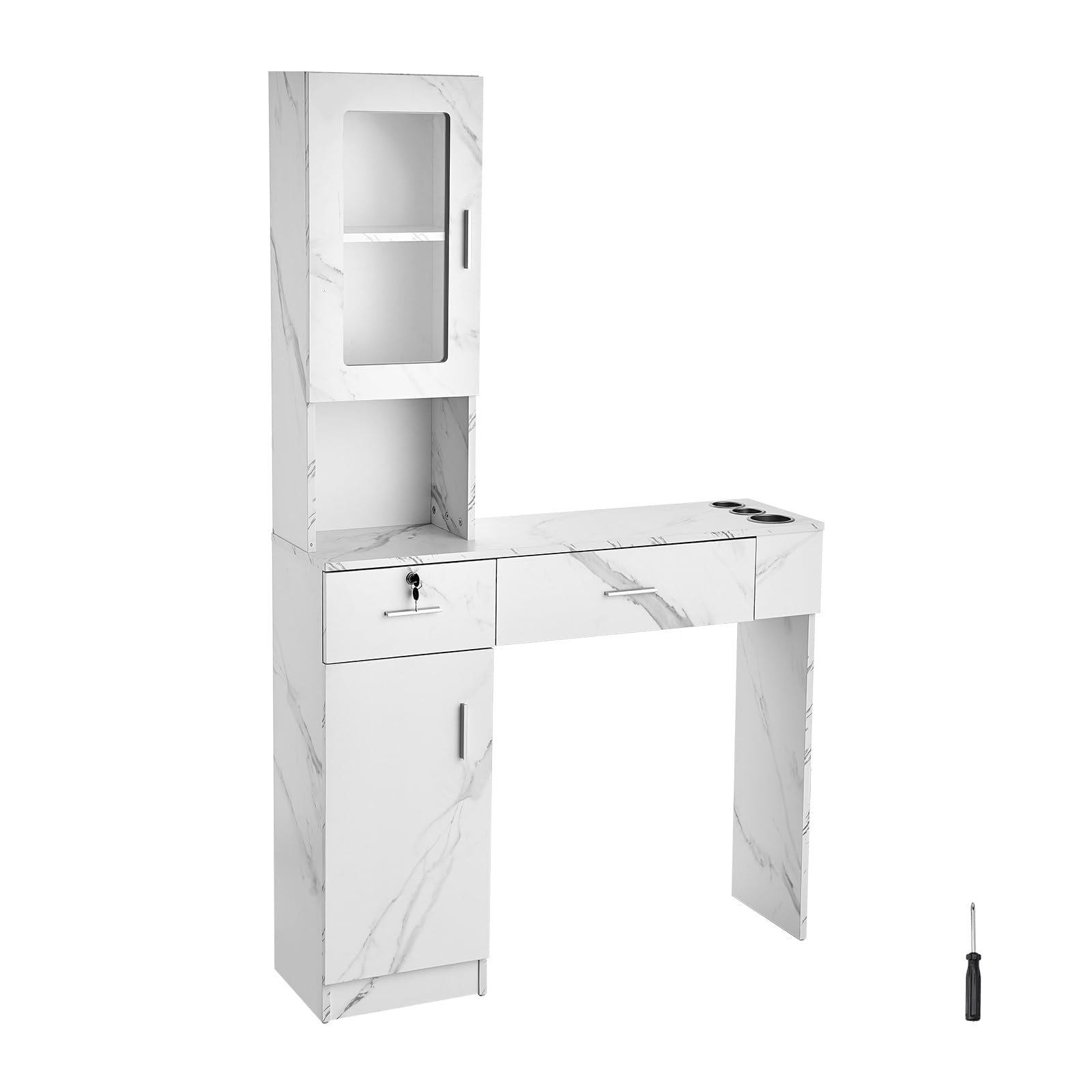 VEVOR Wall Mount Salon Station - Professional Barber & Hair Stylist Storage Cabinet with 3 Cubbies, 2 Drawers (1 Lockable) - White Beauty Spa Furniture for Salon Organization & Home Styling