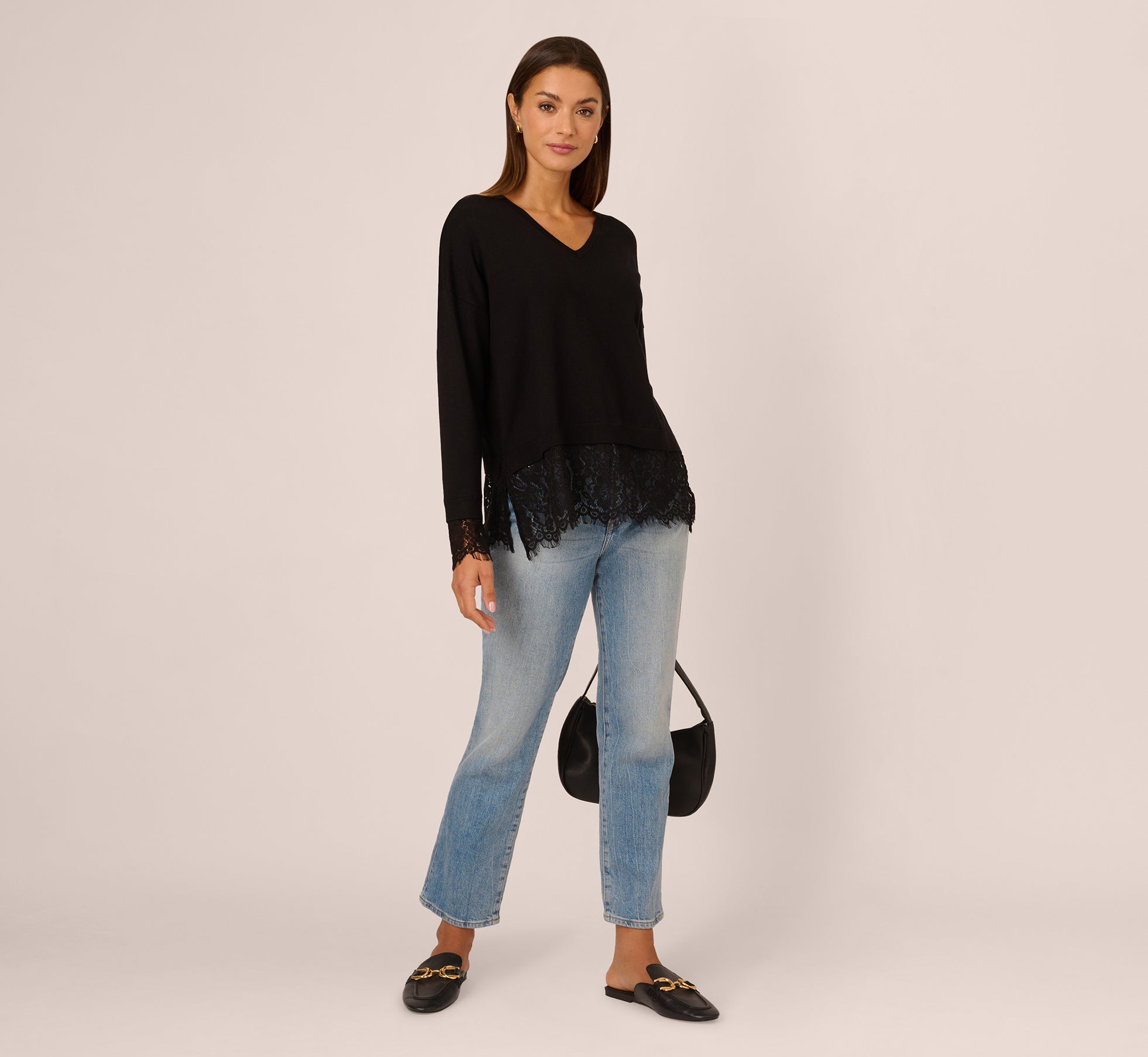 Black V-Neck Lace Sweater Set for Women - Elegant Layered Lace & Knit Combo for Date Night, Office Wear & Special Occasions