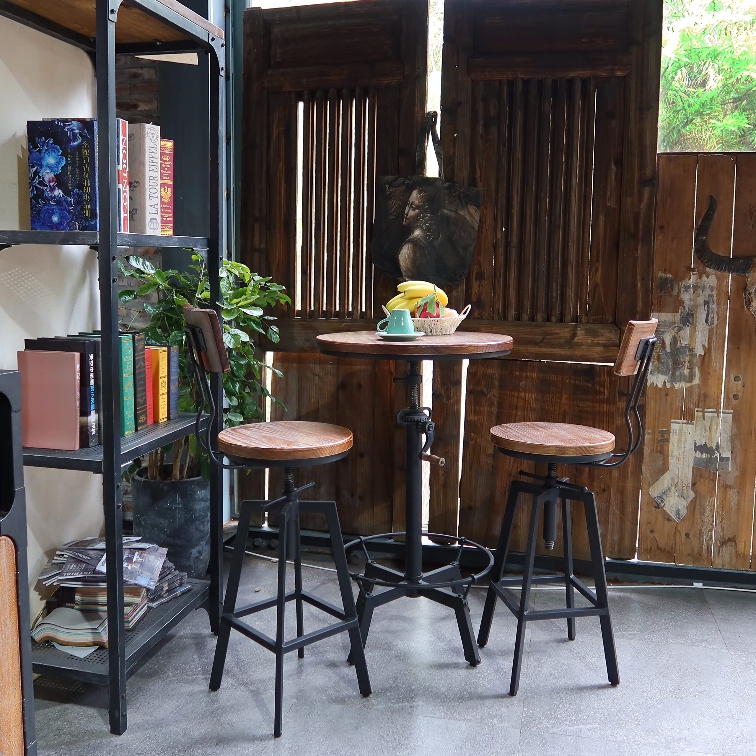 3-Piece Industrial Adjustable Bar Table Set with 2 Swivel Stools - Modern Bistro Pub Table for Kitchen, Dining Room & Small Spaces - Perfect for Breakfast Nook, Coffee Corner & Home Bar Setup