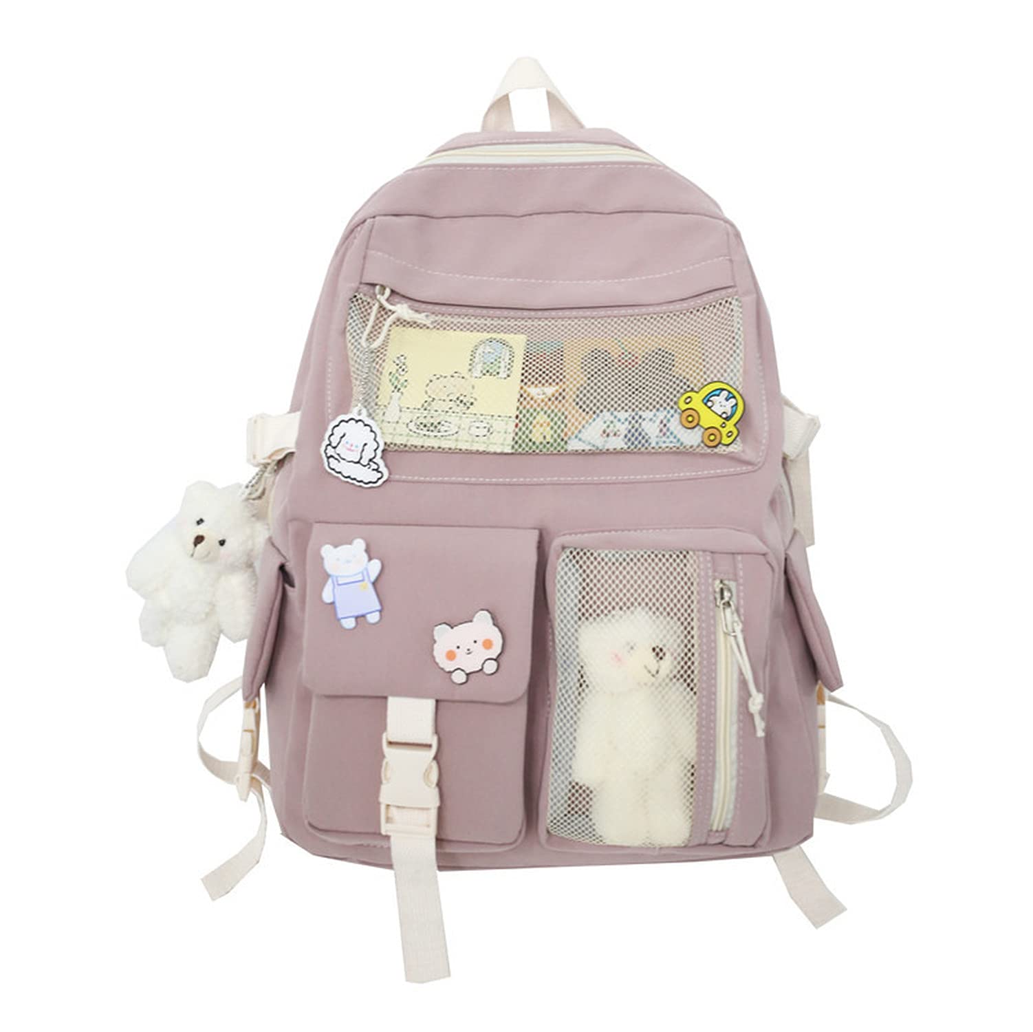 Cute Kawaii Aesthetic Backpack for School Girls with Adorable Pin Accessories - Pink One Size - Perfect for School, Travel & Daily Use