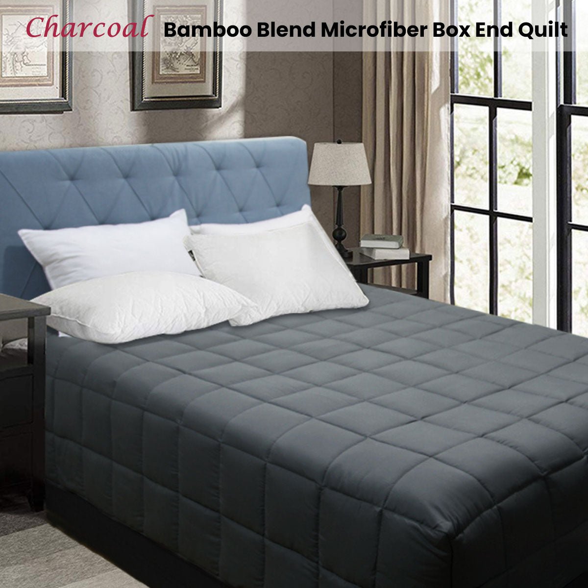 Bamboo Blend Microfiber Box End Quilt Charcoal Double - Ultra Soft Bedding Set for All Seasons, Perfect for Master Bedroom, Guest Room & Dorm Comfort