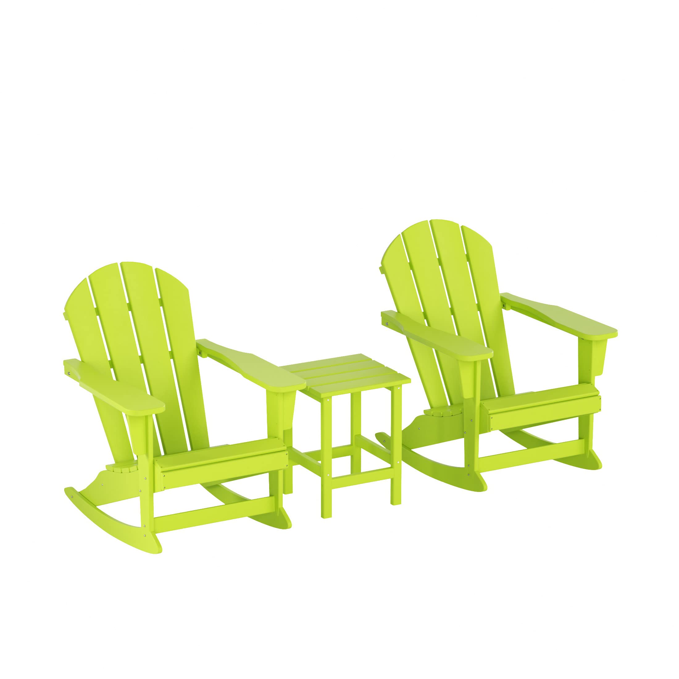WO Home Furniture 3-Piece Patio Rocking Chair Set - Classic Outdoor Adirondack Rocker Chairs & Side Table in Lime Green - Perfect for Backyard, Garden, Deck & Poolside Relaxation