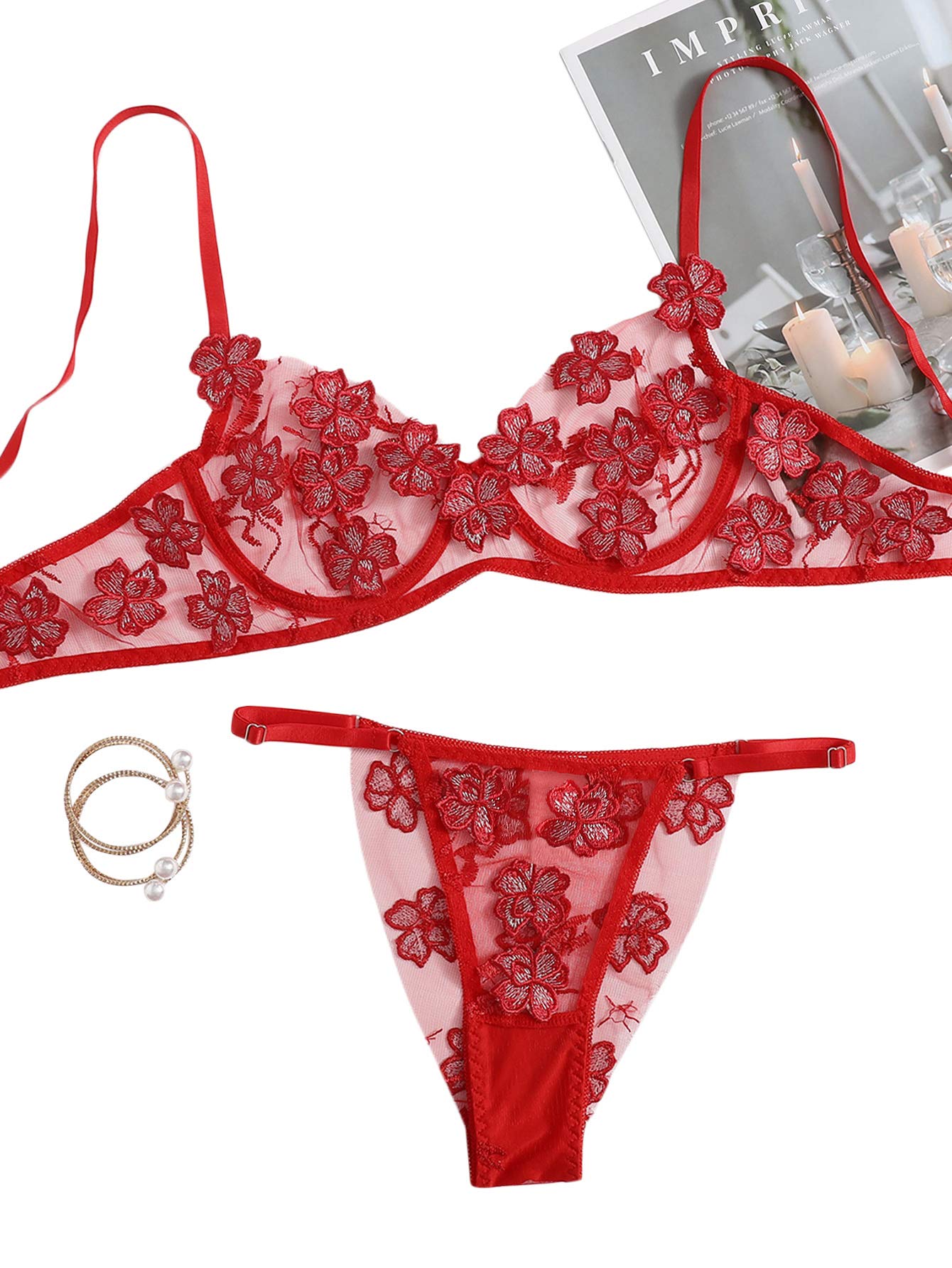 Floerns Women's Sexy Applique Lace Underwire Push Up Bra & G-String Thong Lingerie Set for Valentine's Day, Date Night & Boudoir Photography