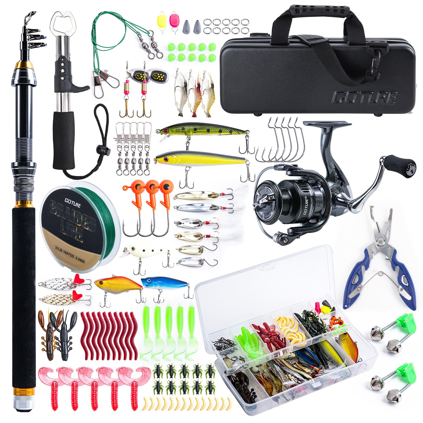 Goture Telescopic Fishing Rod and Reel Combo Kit - Lightweight Spinning Reel with Lures Set & Durable Hard Shell Case - Perfect for Saltwater Fishing, Travel & Beginners - Ideal Fishing Gift for Men (Great for Camping, Beach Trips & Outdoor Adventures)