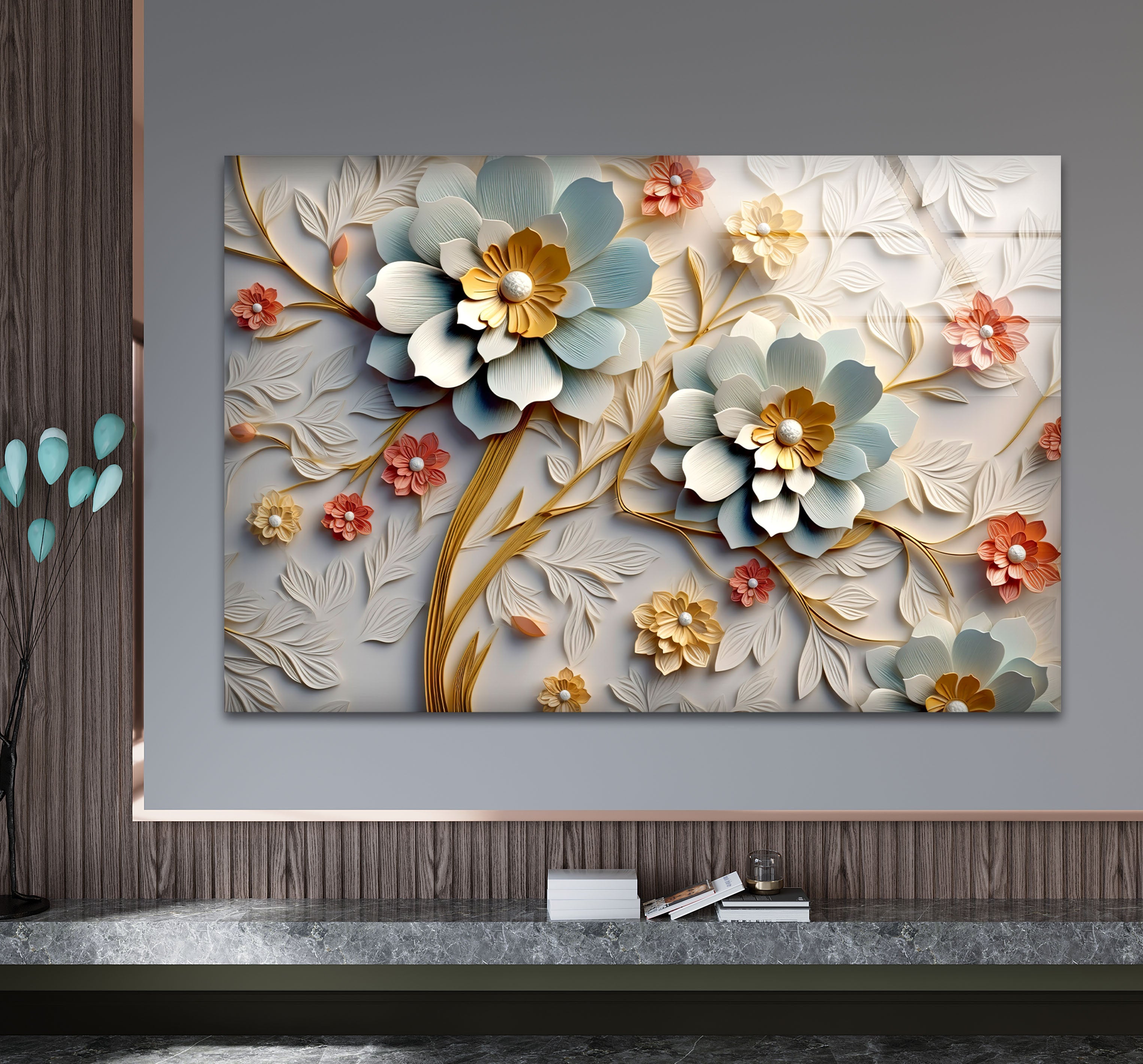 3D Blooming Flower Wall Art - Elegant Embossed Glass Floral Print for Home Decor, Living Room, Bedroom, Office | Modern Botanical Wall Decor for Interior Design