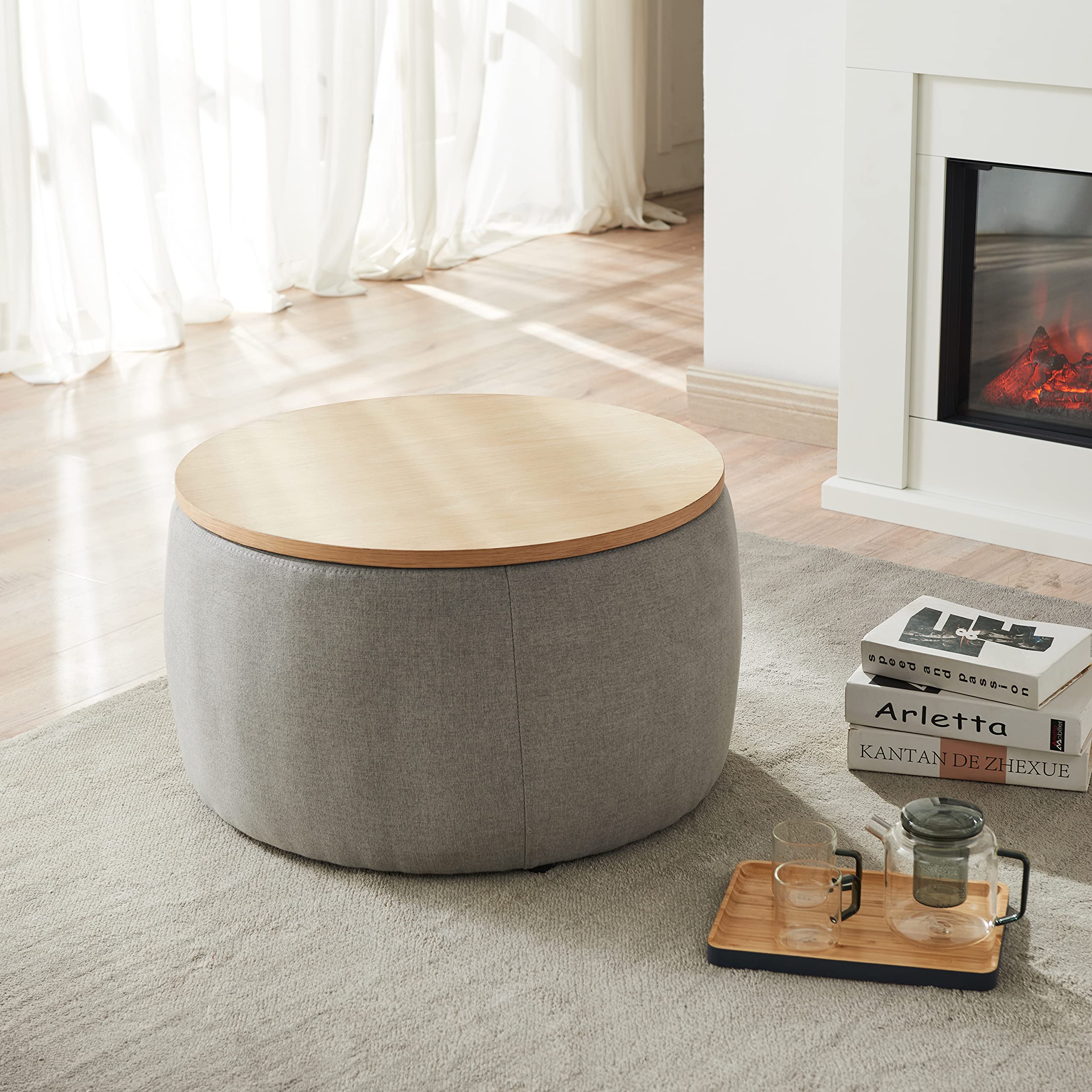 NICCAE Modern Round Storage Ottoman - 3-in-1 Multi-Functional Footstool, Coffee Table & Storage Box with Hidden Compartment | Perfect for Living Room, Bedroom & Small Spaces (Dark Grey)