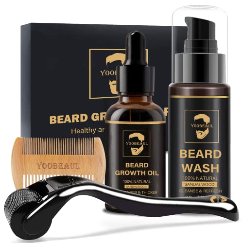 YOOBEAUL Beard Growth Kit with Derma Roller, Biotin Oil, Beard Wash & Wooden Comb - Complete Grooming Set for Patchy Beards - Perfect Gift for Men, Fathers & Dads - Ideal for Daily Beard Care & Special Occasions