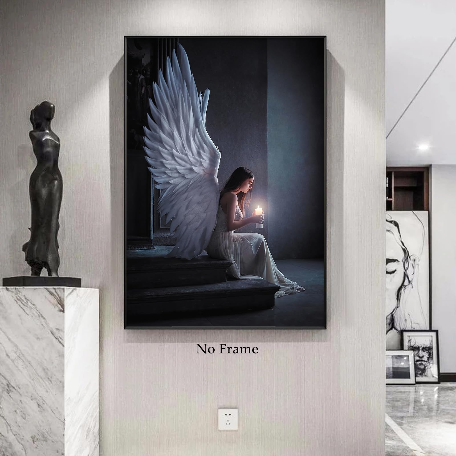 White Angel Painting - Modern Black & White Angel Wings Poster, Praying Woman Wall Art, Dark Blue Abstract Canvas Art (16x24in Unframed) - Perfect for Home Decor, Bedroom Aesthetic & Spiritual Spaces