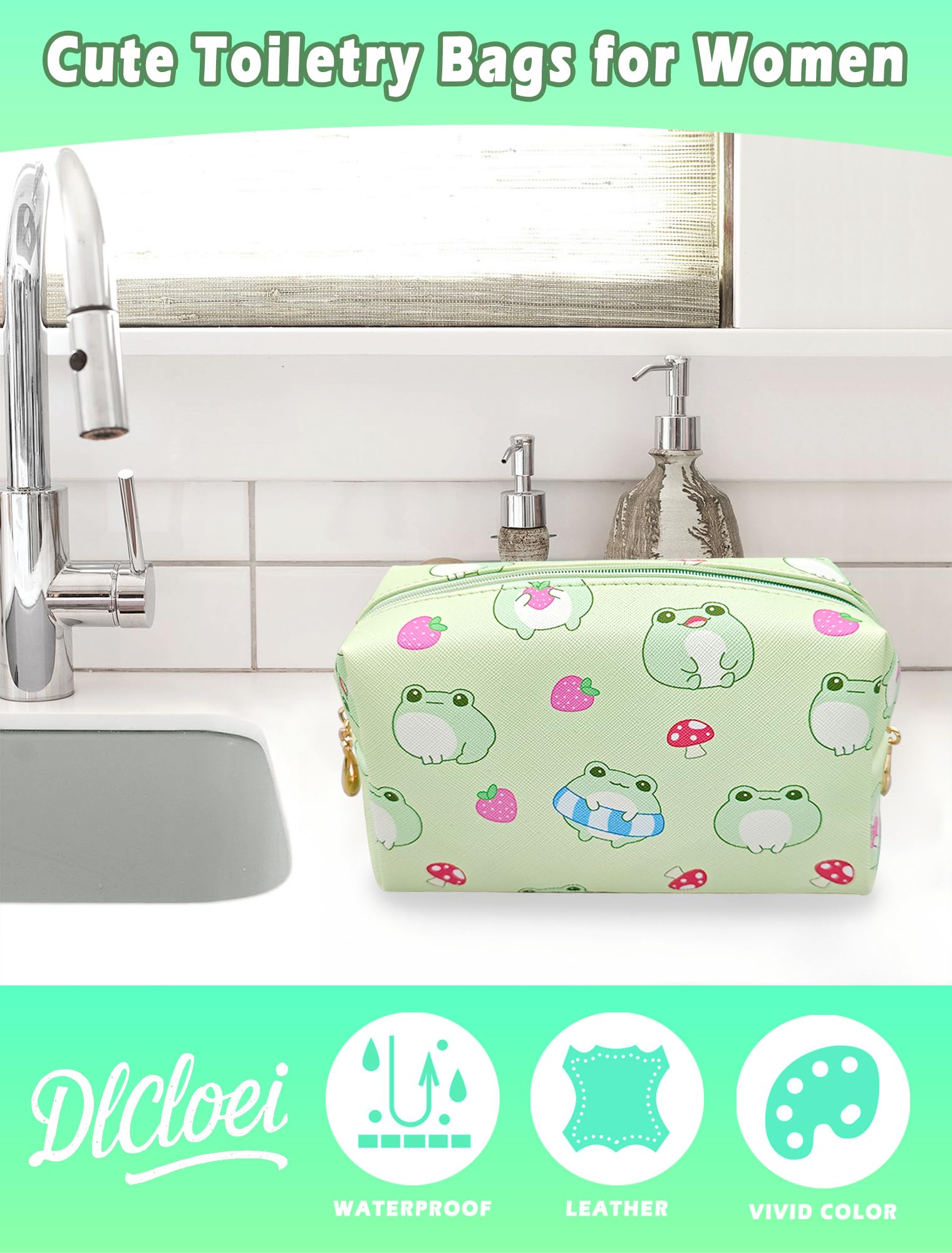 Cute Kawaii Green Makeup Bag for Women - Small Travel Cosmetic & Toiletry Organizer - Perfect for Daily Essentials, Gym, Vacation & Weekend Getaways