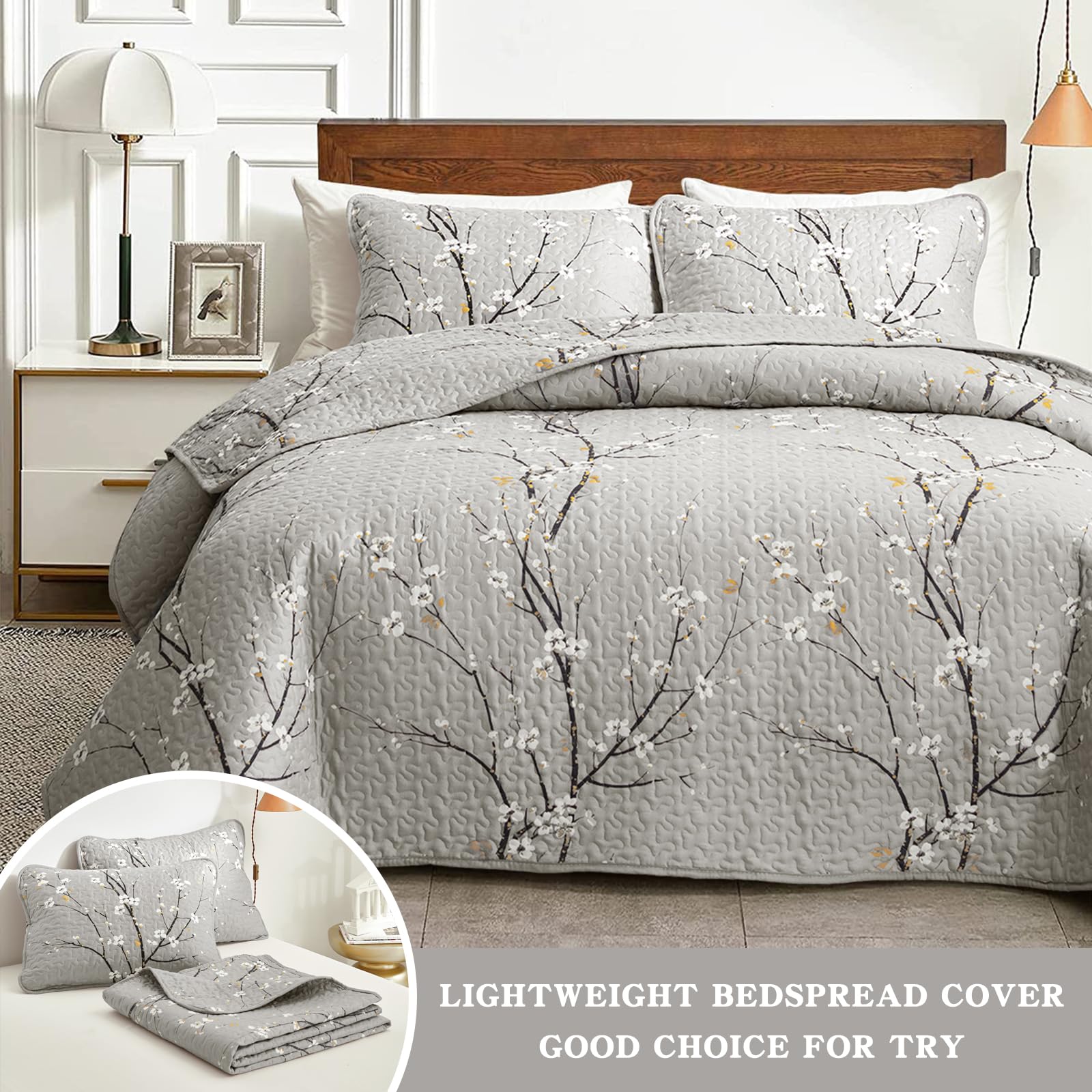 UOZZI 2-Piece Reversible Quilt Set - Gray Branch with White Orange Floral Pattern - Twin Size 68x86 Inches - Soft Microfiber Lightweight Bedspread - All Season Coverlet for Bedroom, Guest Room & Dorm - Includes 1 Quilt + 1 Shams