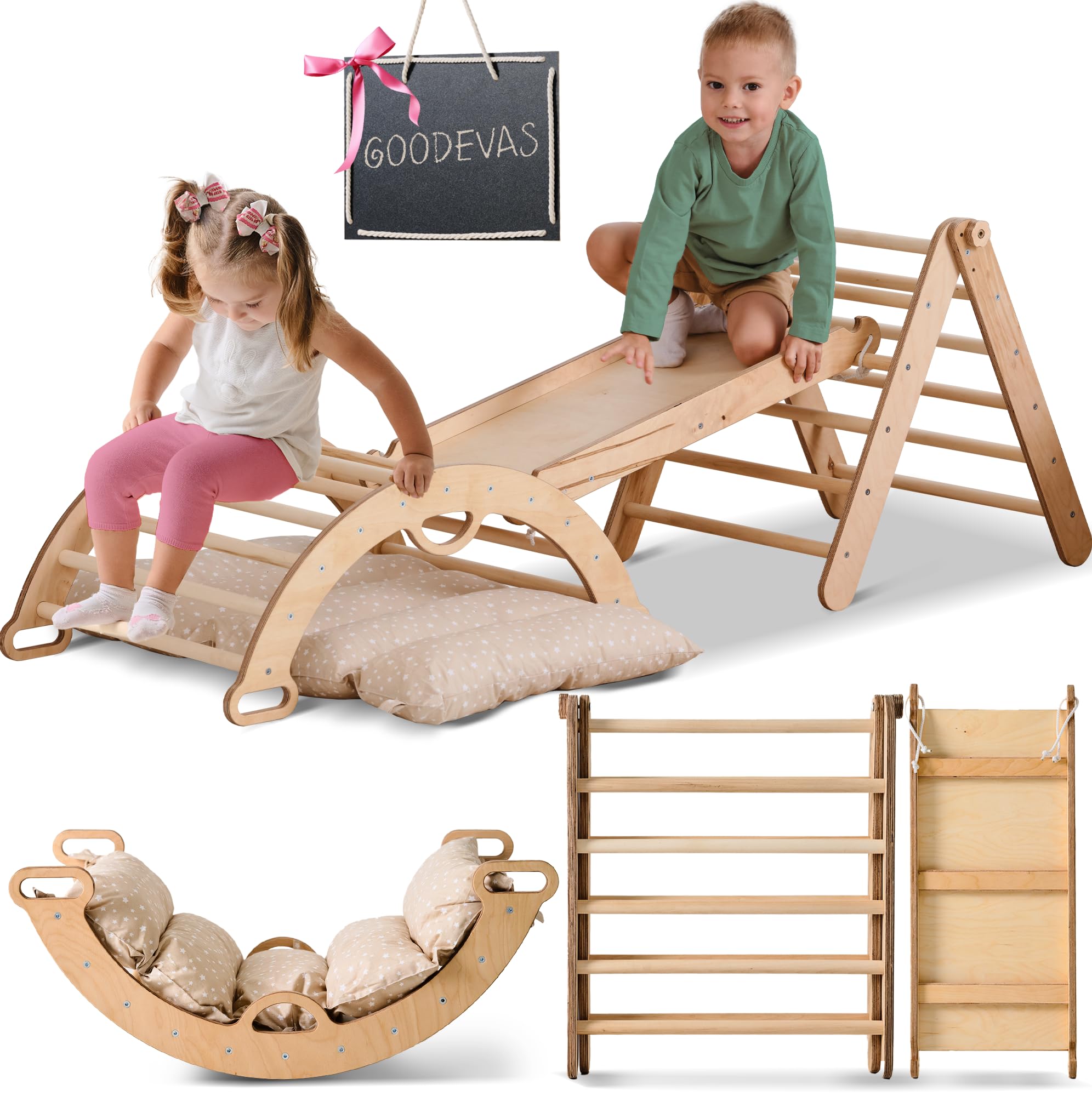 5-in-1 Foldable Montessori Climbing Frame for Toddlers 1-3 Years - Triangle Ladder, Climbing Arch, Slide, Rope & Cushion - Kids Wooden Gym Set for Indoor Play, Physical Development & Sensory Exploration - Perfect for Home, Daycare & Preschool Activities